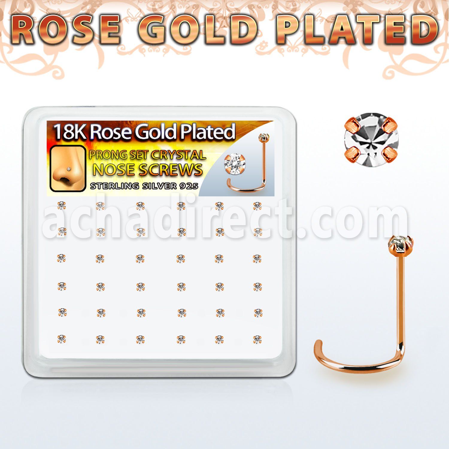 rsnwpxc caja display 36 piercing nariz l plata 925 oro rosa 0 6mm cristal 1 5mm distribuidor
