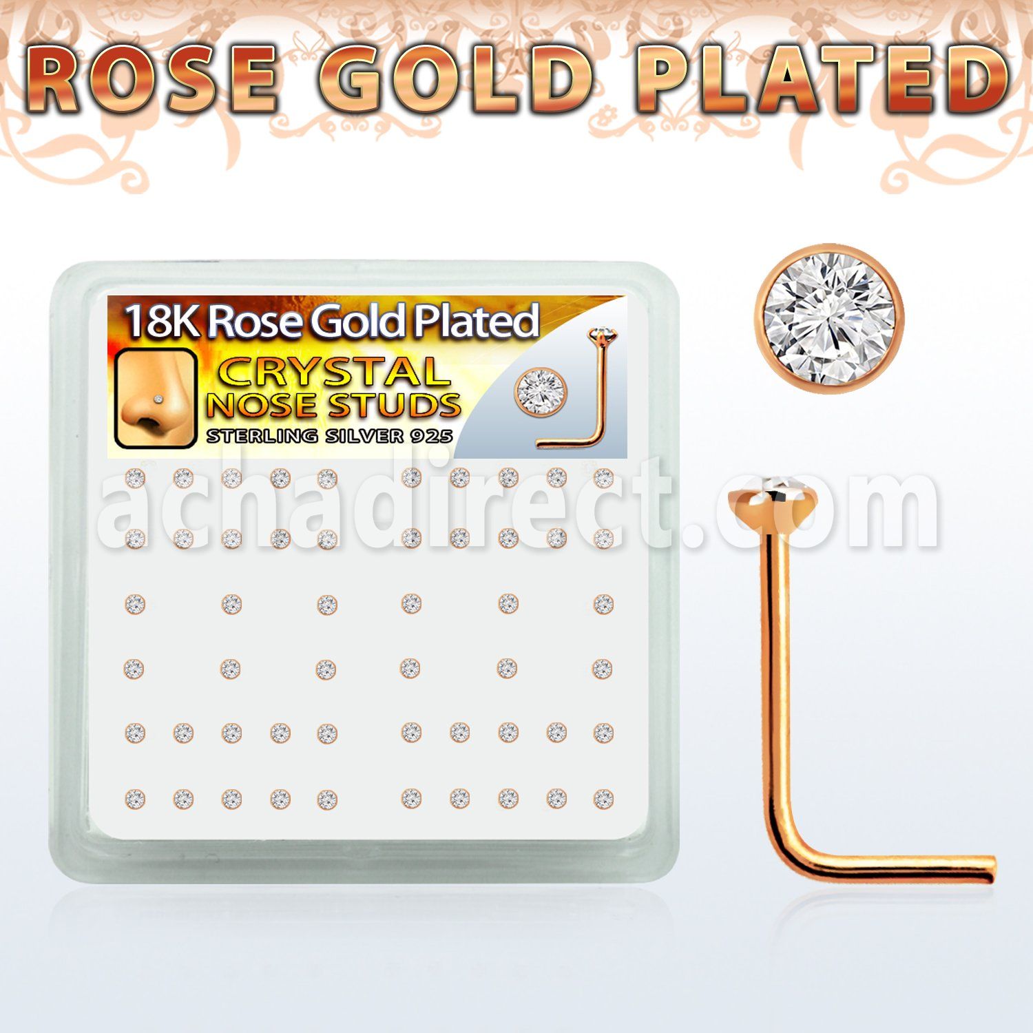 rss14xc caja display piercing nariz l plata 925 0 6mm oro rosa cristal claro 2mm mayorista