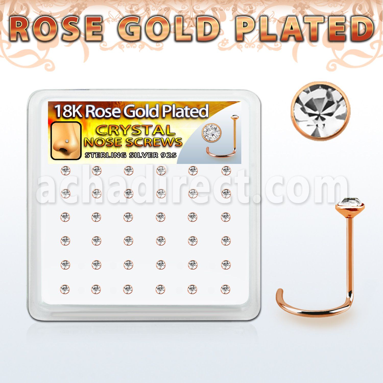 rsw14xc caja display 36 piercing nariz l plata 925 oro rosa 0 6mm cristal 2mm mayorista