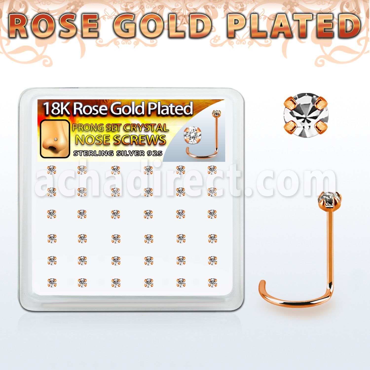 rswp14xc caja display 36 piercing nariz l plata 925 oro rosa 0 6mm cristal 2mm al por mayor