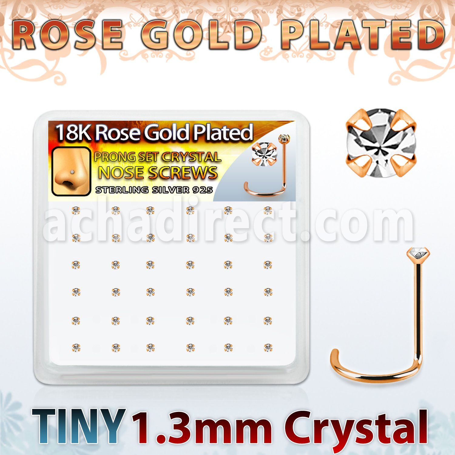 rswp6xc caja display 36 piercing nariz l plata 925 oro rosa 0 6mm cristal 1 25mm distribuidor