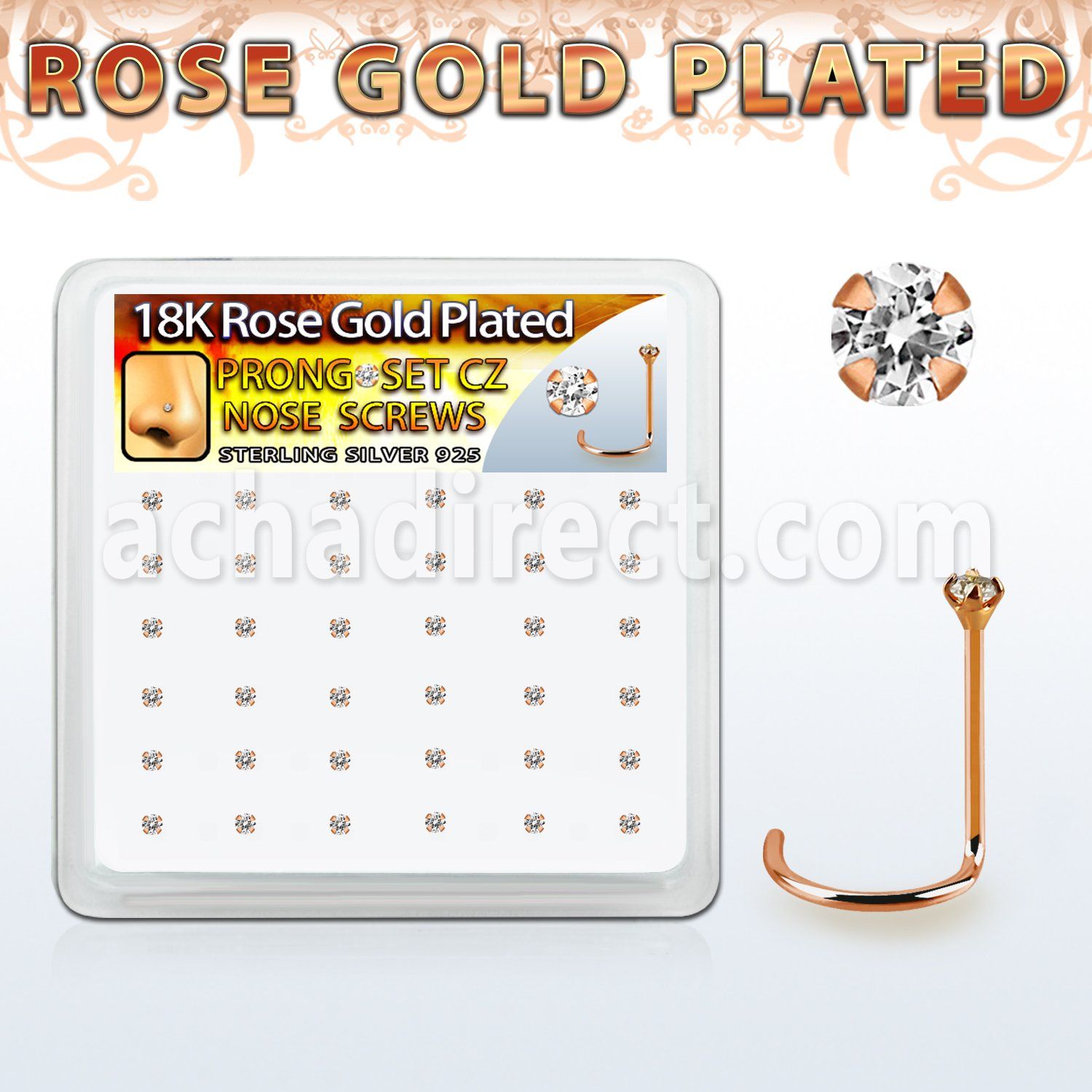 rswz12xc caja display 36 piercing nariz l plata 925 oro rosa 0 6mm zirconia 1 25mm distribuidor mayorista