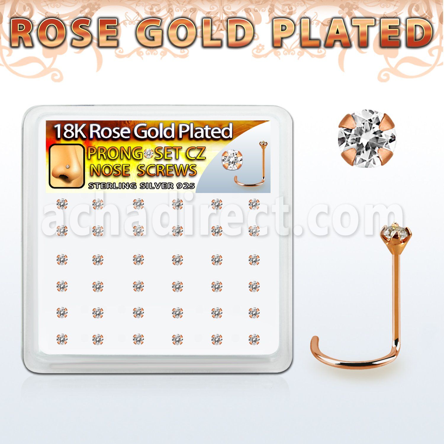 rswz2xc caja display 36 piercing nariz l plata 925 oro rosa 0 6mm zirconia 2mm distribuidor mayorista
