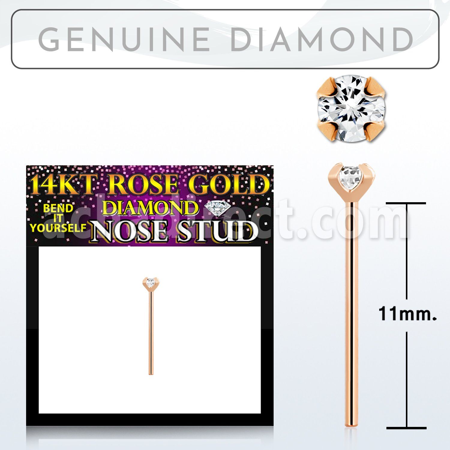 rydb2 genuine diamond 14k rose gold bend it yourself nose stud 2mm prong set round diamond