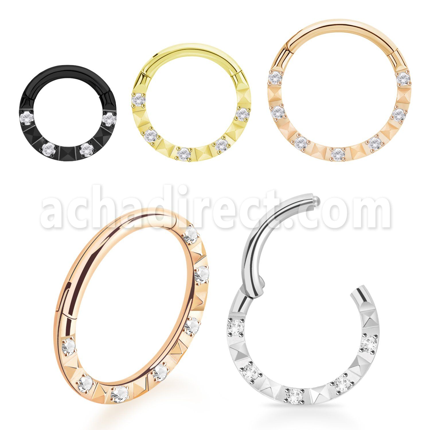 sgsh25 pvd steel hinged segment ring 16g cz diamond pattern