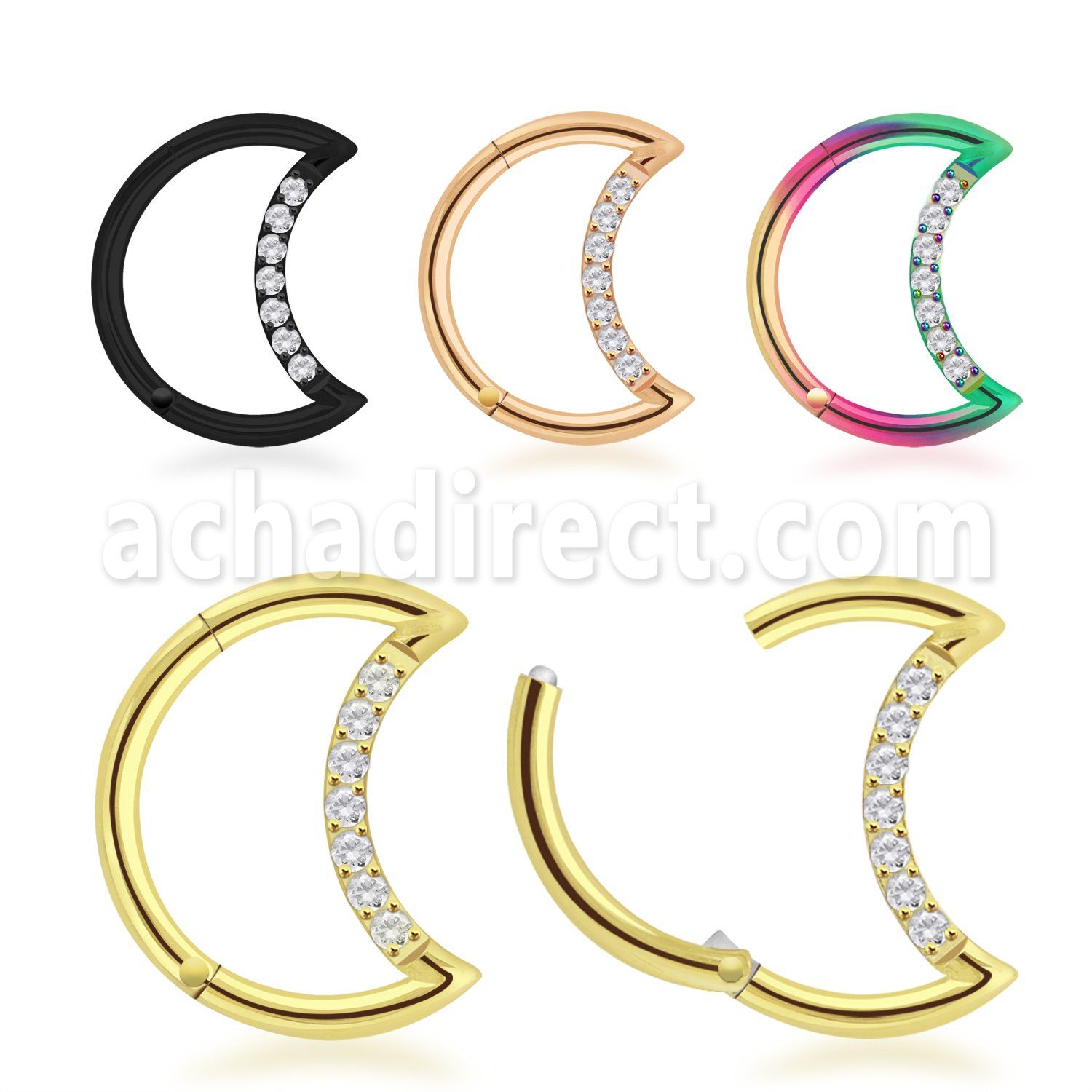 sgtsh1 pvd plated steel hinged segment ring cz crescent moon