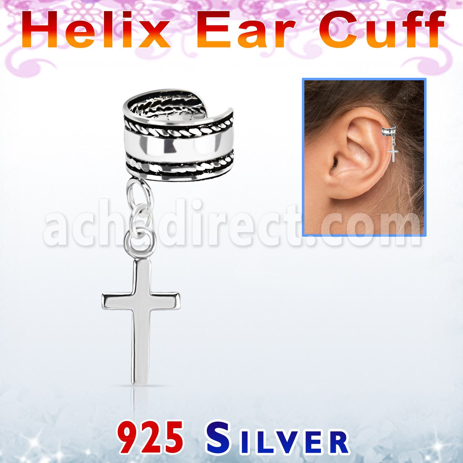 silver helix ear cuff w a rope edge w a cross dangling 