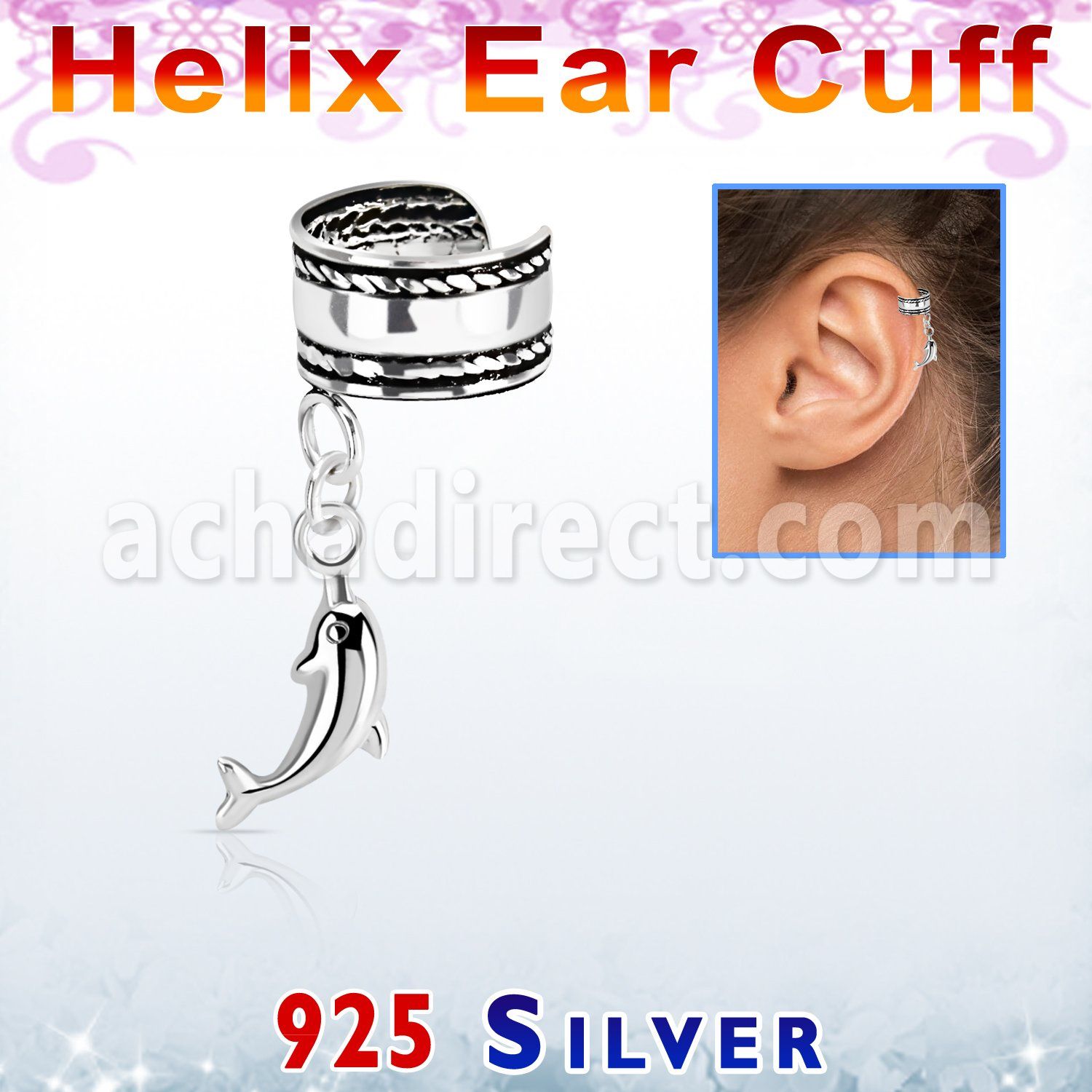 silver helix ear cuff w a rope edge w a dolphin dangling 