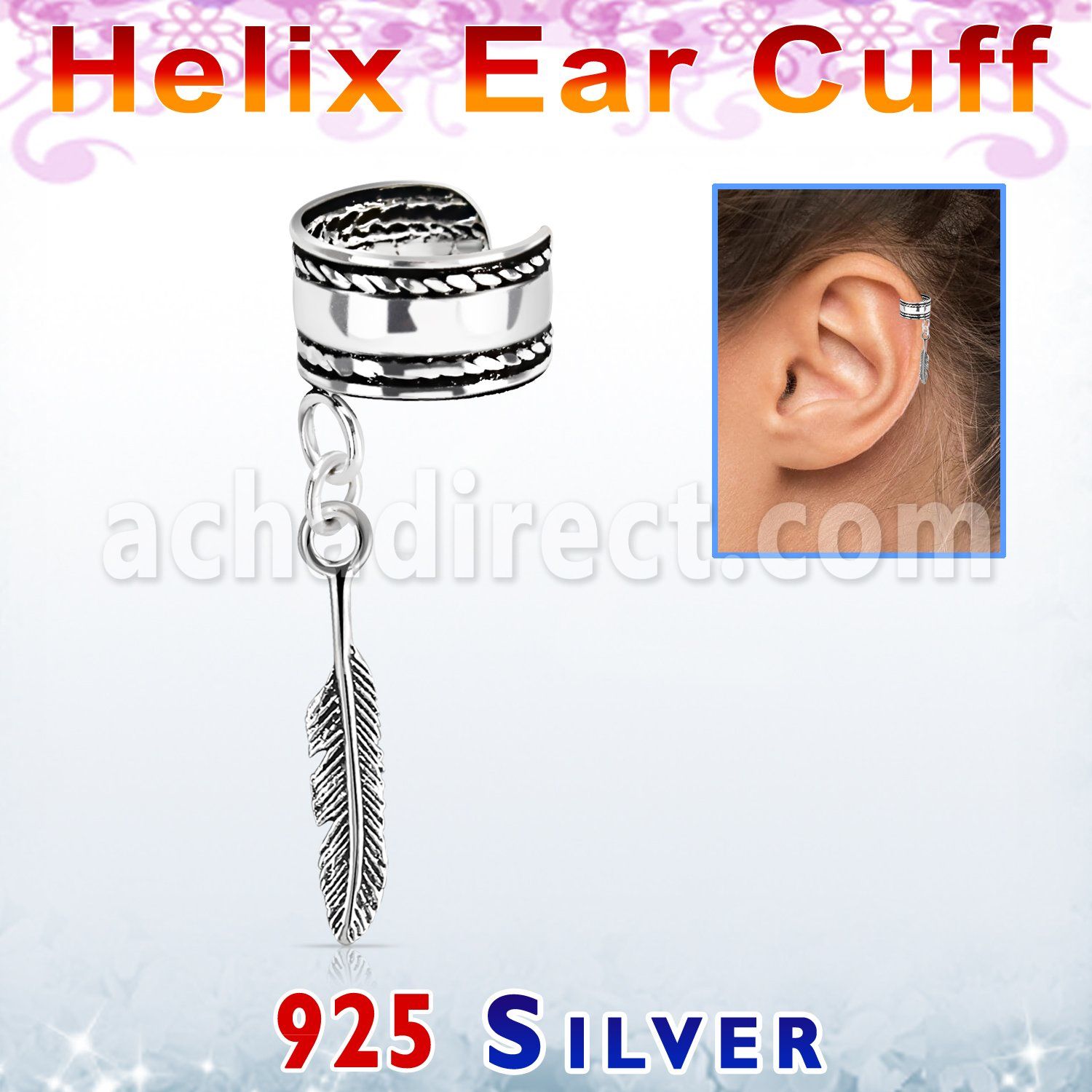 silver helix ear cuff w a rope edge w a feather dangling 