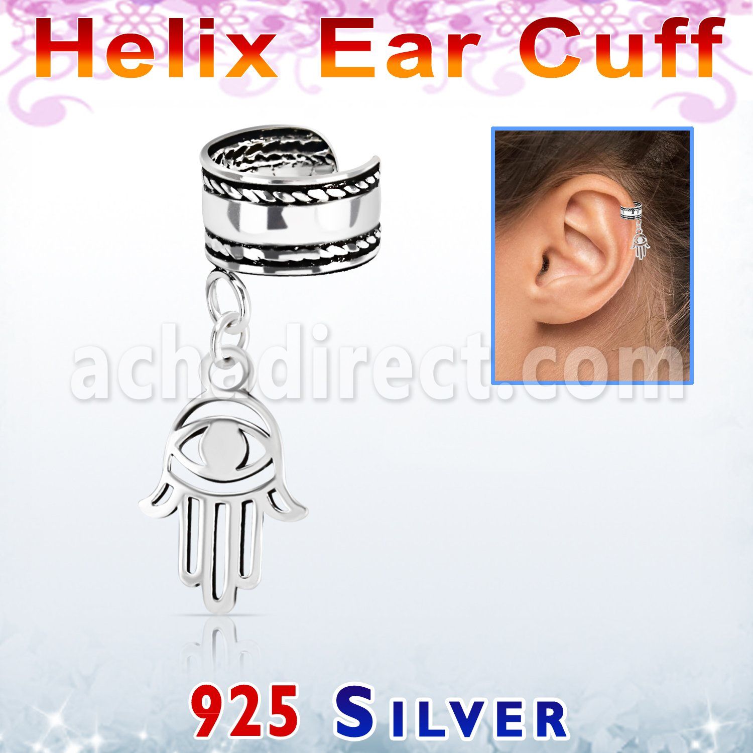silver helix ear cuff w a rope edge w a hamsa dangling 