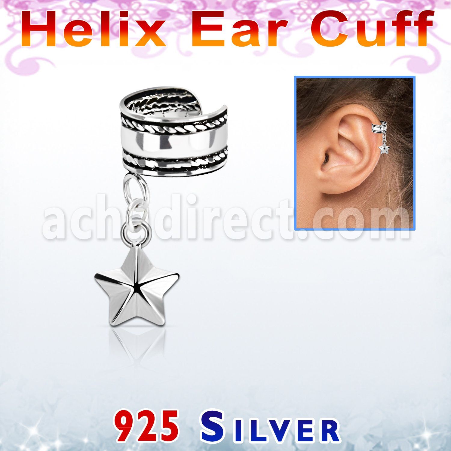 silver helix ear cuff w a rope edge w a star dangling 