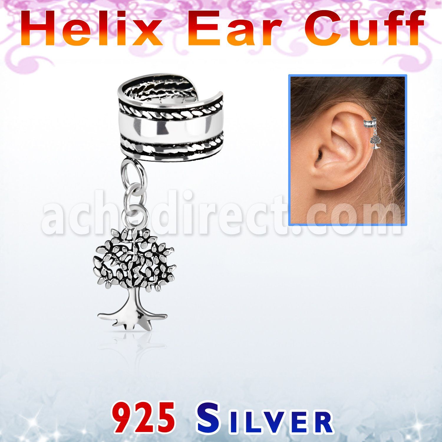 silver helix ear cuff w rope edge tree of life dangling 