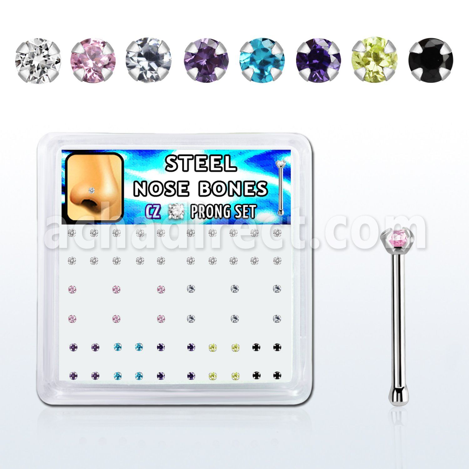 snbz15xm caja unidades piercing nariz hueso acero quirurgico cz redonda colores variados