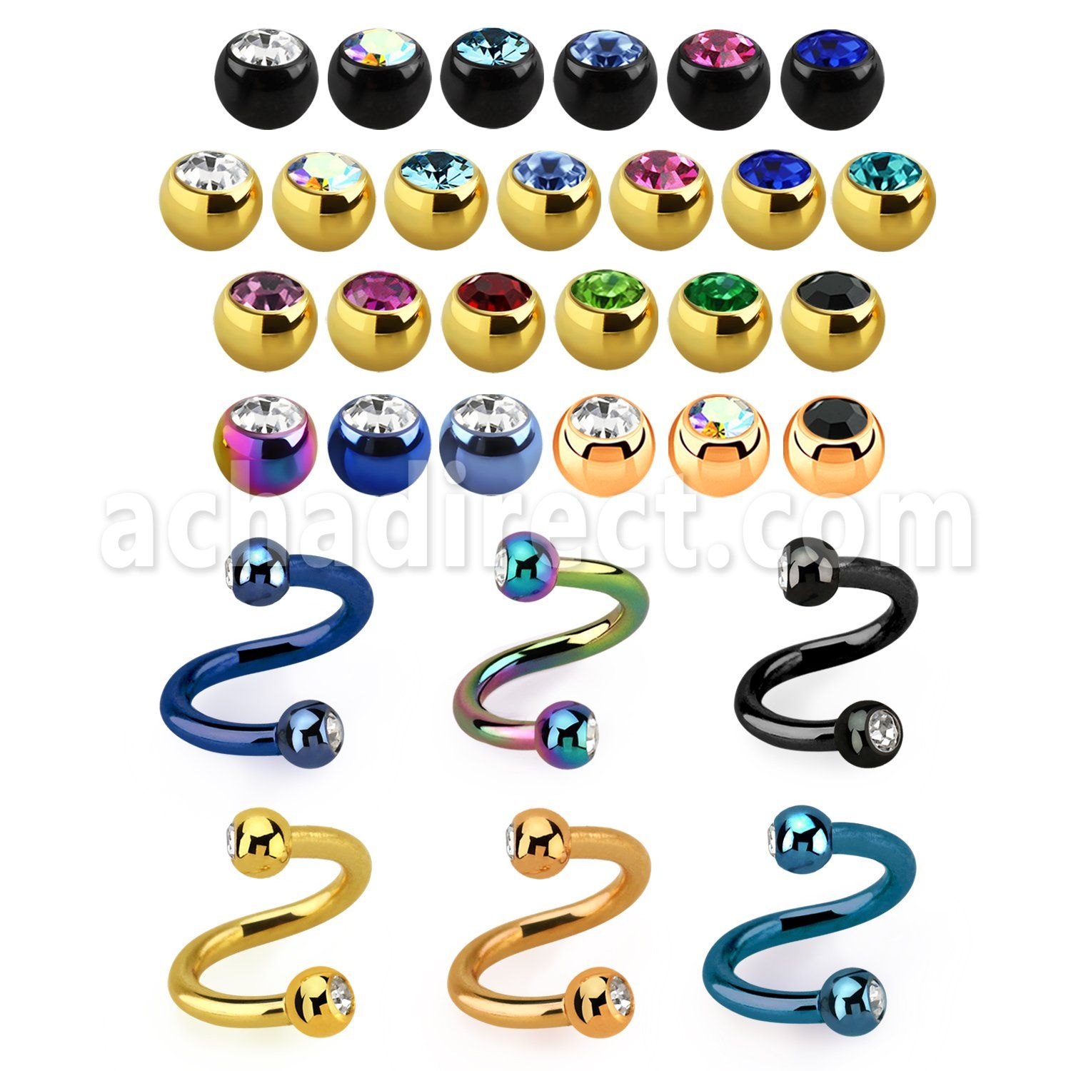 spet2c espiral ceja acero quirurgico anodizado bolas 3mm joya cristal bisel mayorista