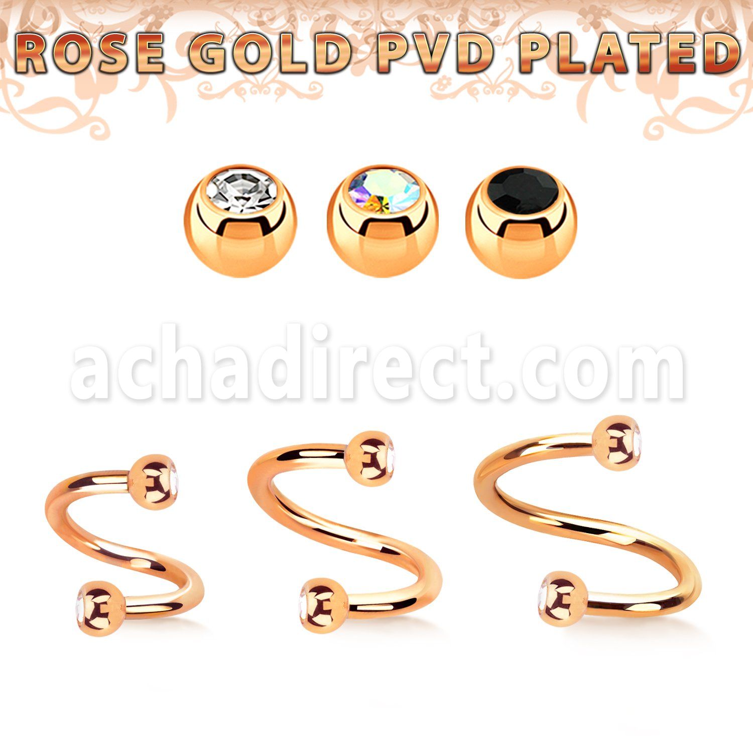 spett2c espiral acero quirurgico pvd oro rosa bolas 3mm joya cristal bisel distribuidor mayorista