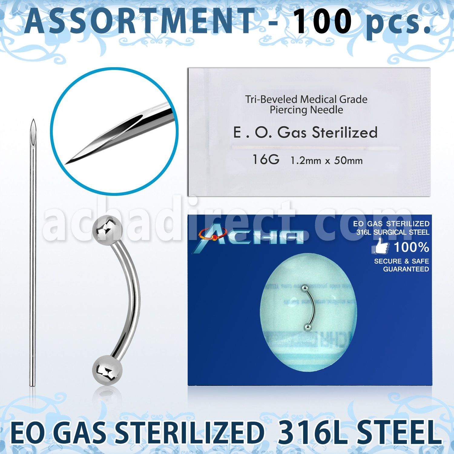 sset01 kit piercings profesional 100 bananas ceja acero quirurgico 316l bolas 3mm 100 agujas acero quirurgico esterilizadas distribuidor