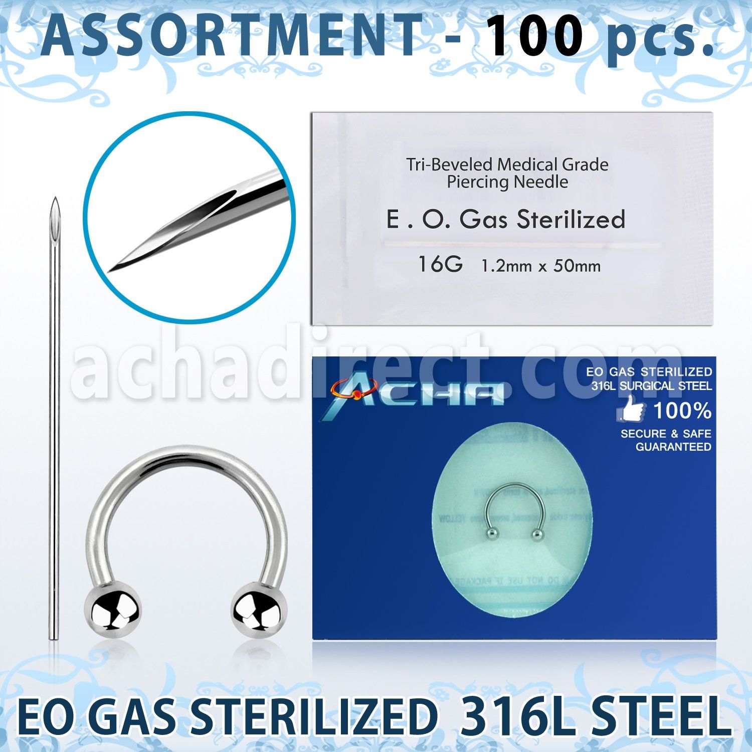 sset02 kit piercings profesional 100 barbell circular acero quirurgico 316l bolas 3mm 100 agujas acero quirurgico esterilizadas mayorista