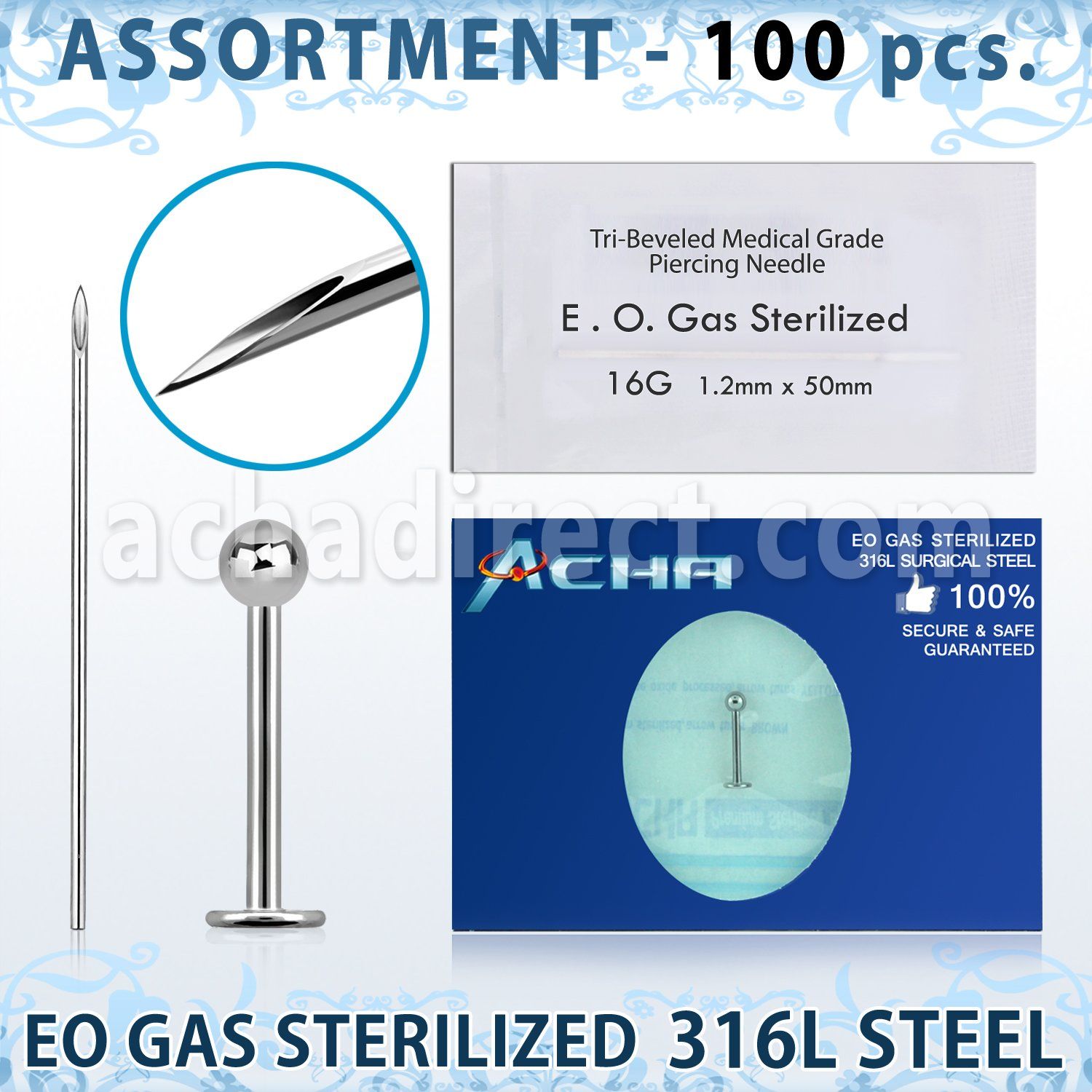 sset03 kit piercings profesional 100 labrets acero quirurgico 316l bola 3mm 100 agujas acero quirurgico esterilizadas distribuidor