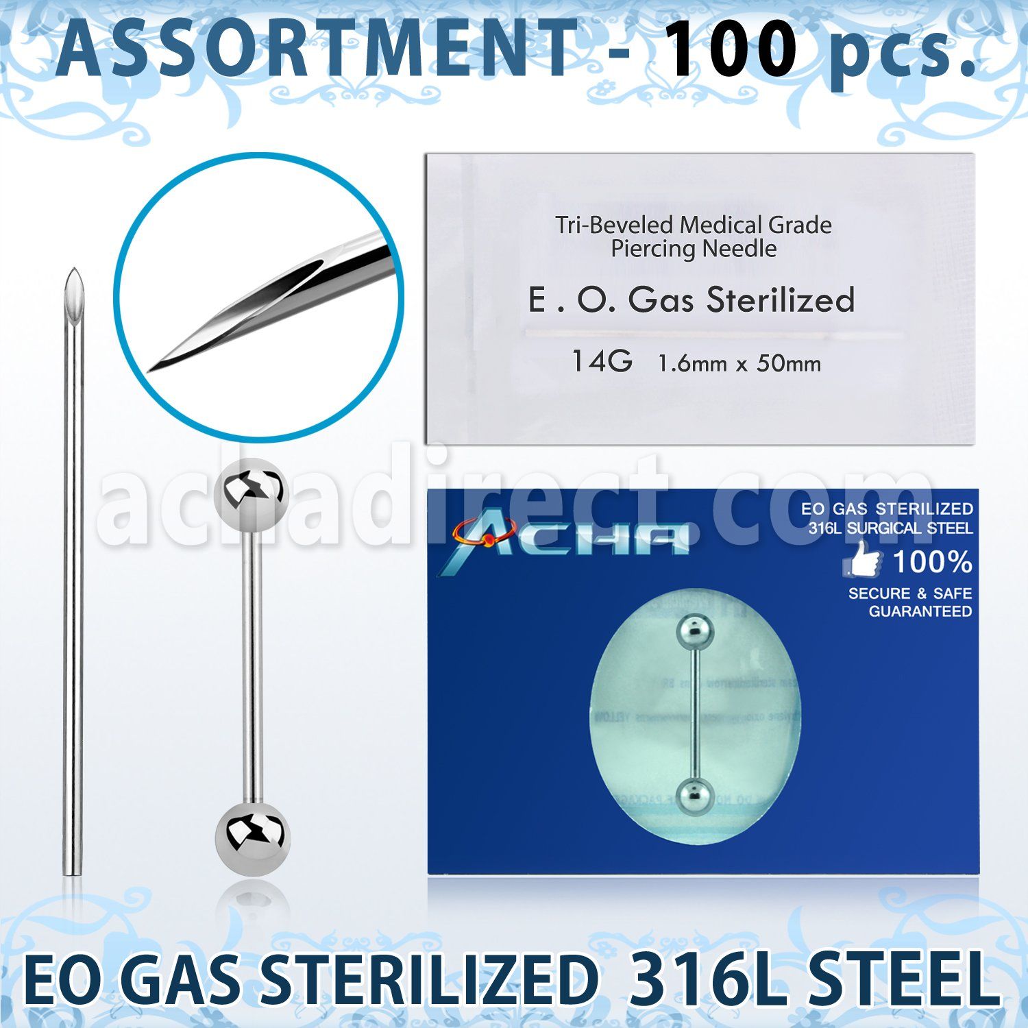 sset06 kit piercings profesional 100 barbells lengua acero quirurgico 316l bolas 6mm 100 agujas acero quirurgico esterilizadas distribuidor