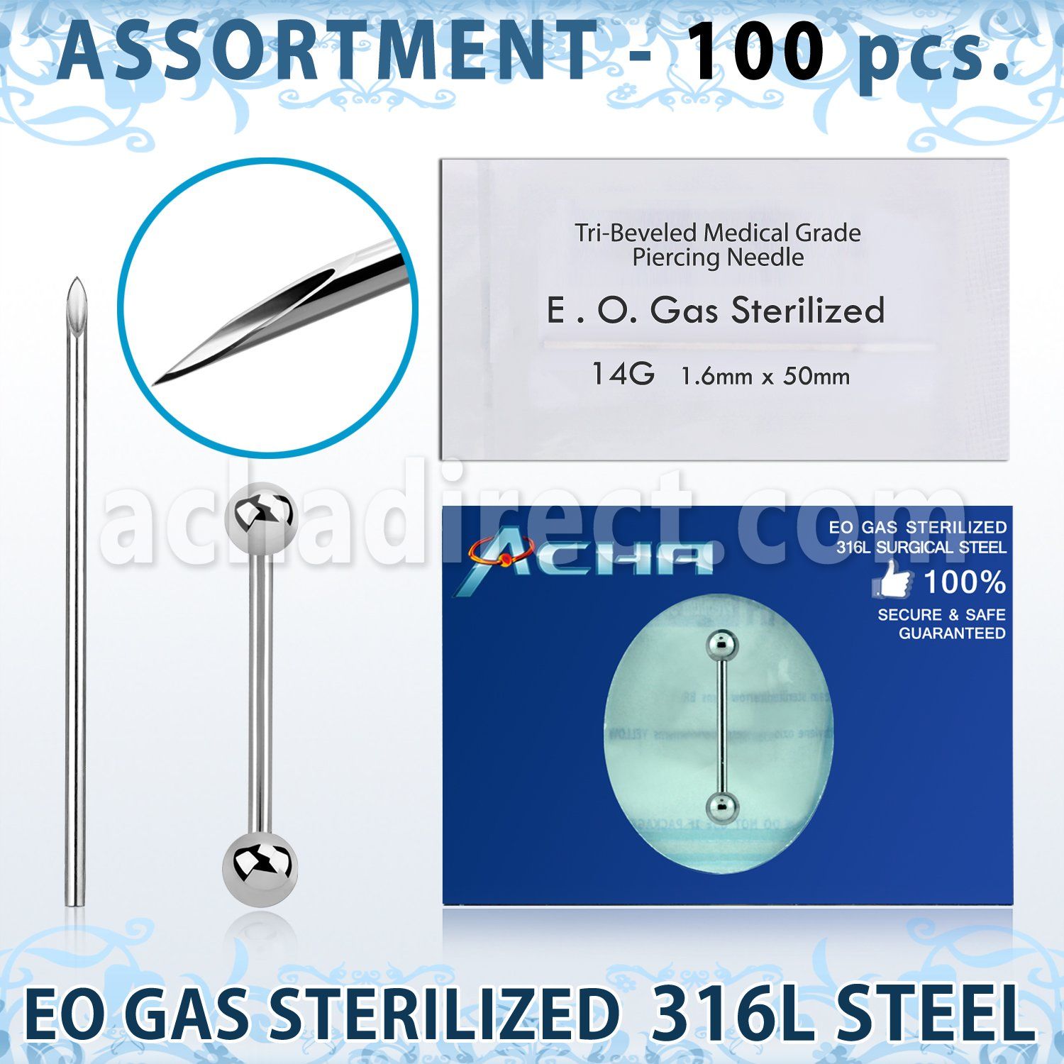 sset07 kit piercings profesional 100 barbells lengua acero quirurgico 316l bolas 5mm 100 agujas acero quirurgico esterilizadas mayorista