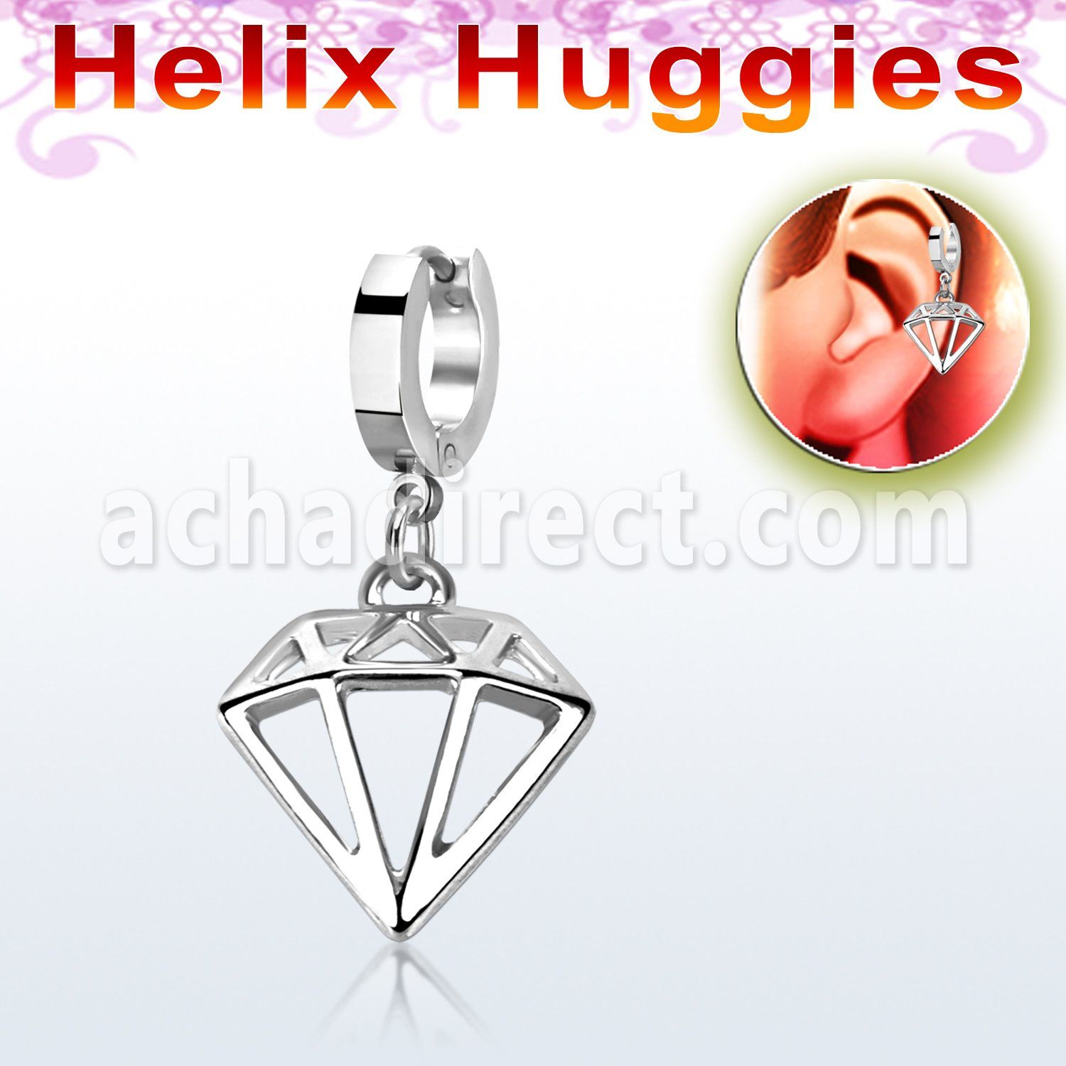 stainless steel huggie w a diamond shaped dangling 
