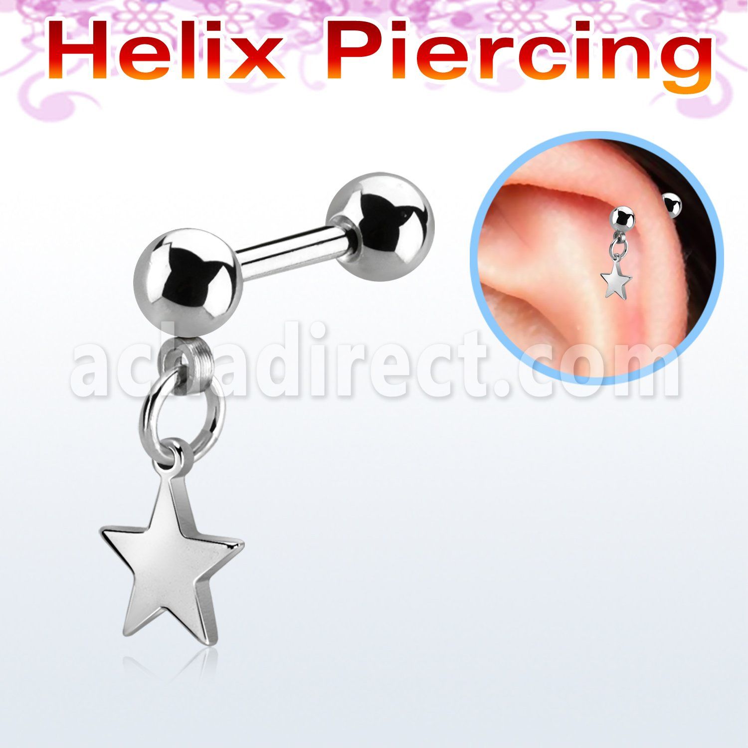 steel helix barbell w dangling plain 316l steel star