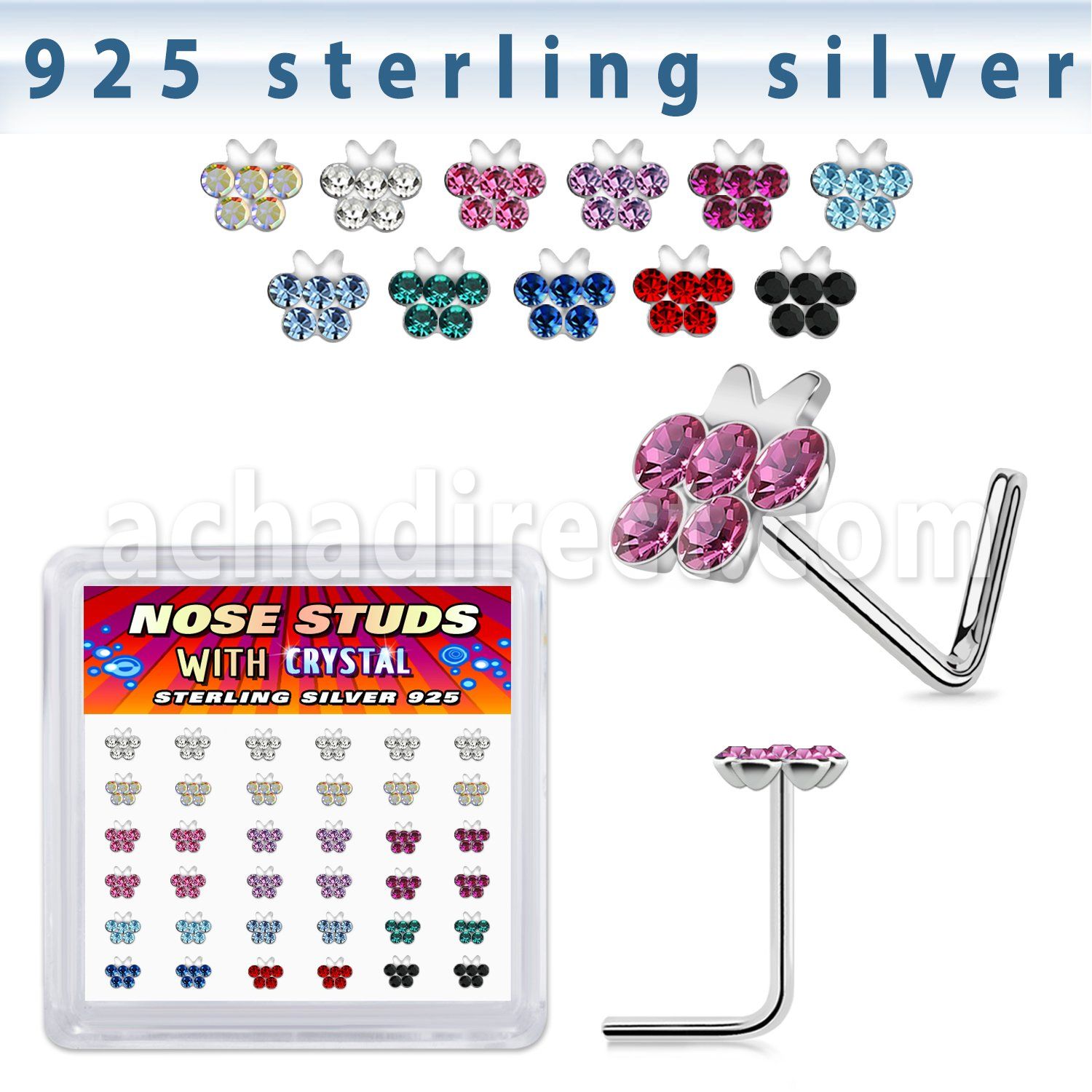 sxbufm36 silver nose studs 22g butterfly crystals colors 36