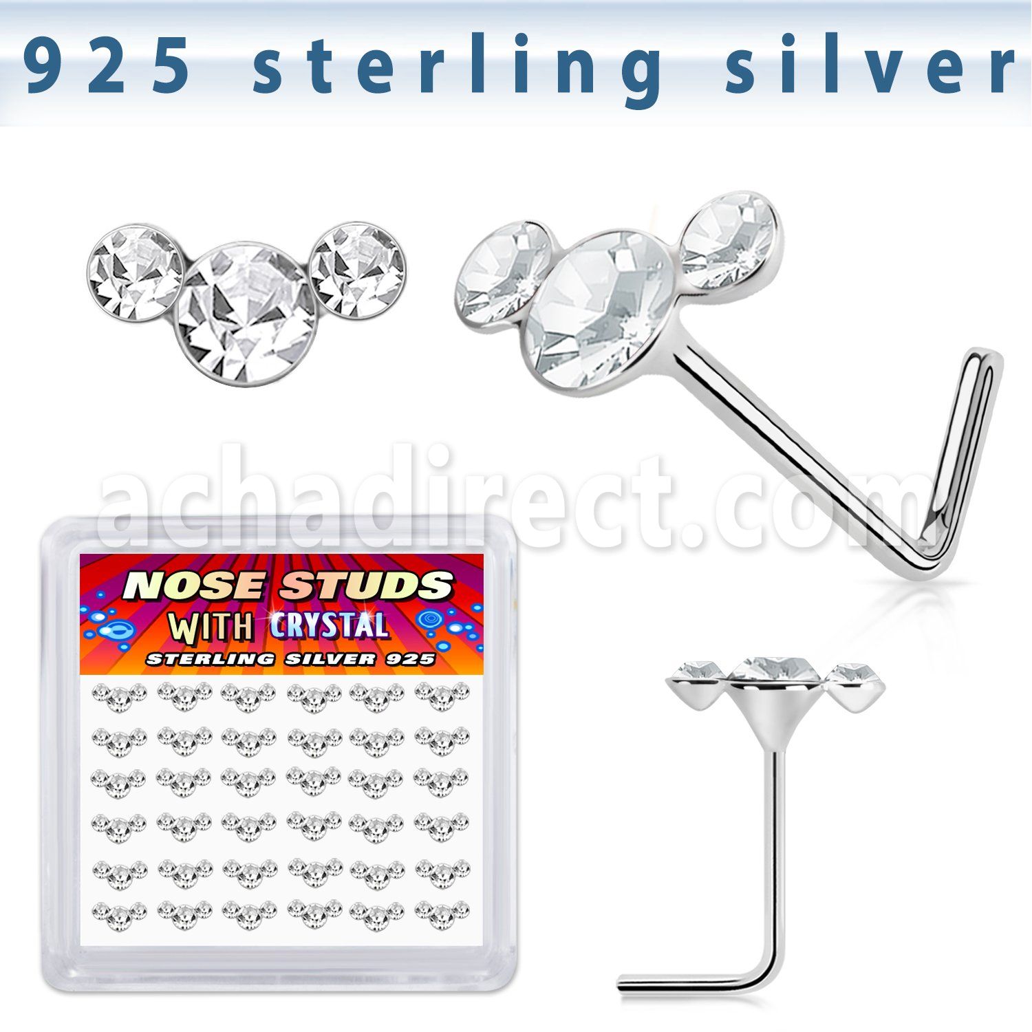 sxcuac36 silver nose studs 22g clear crystals curved 36