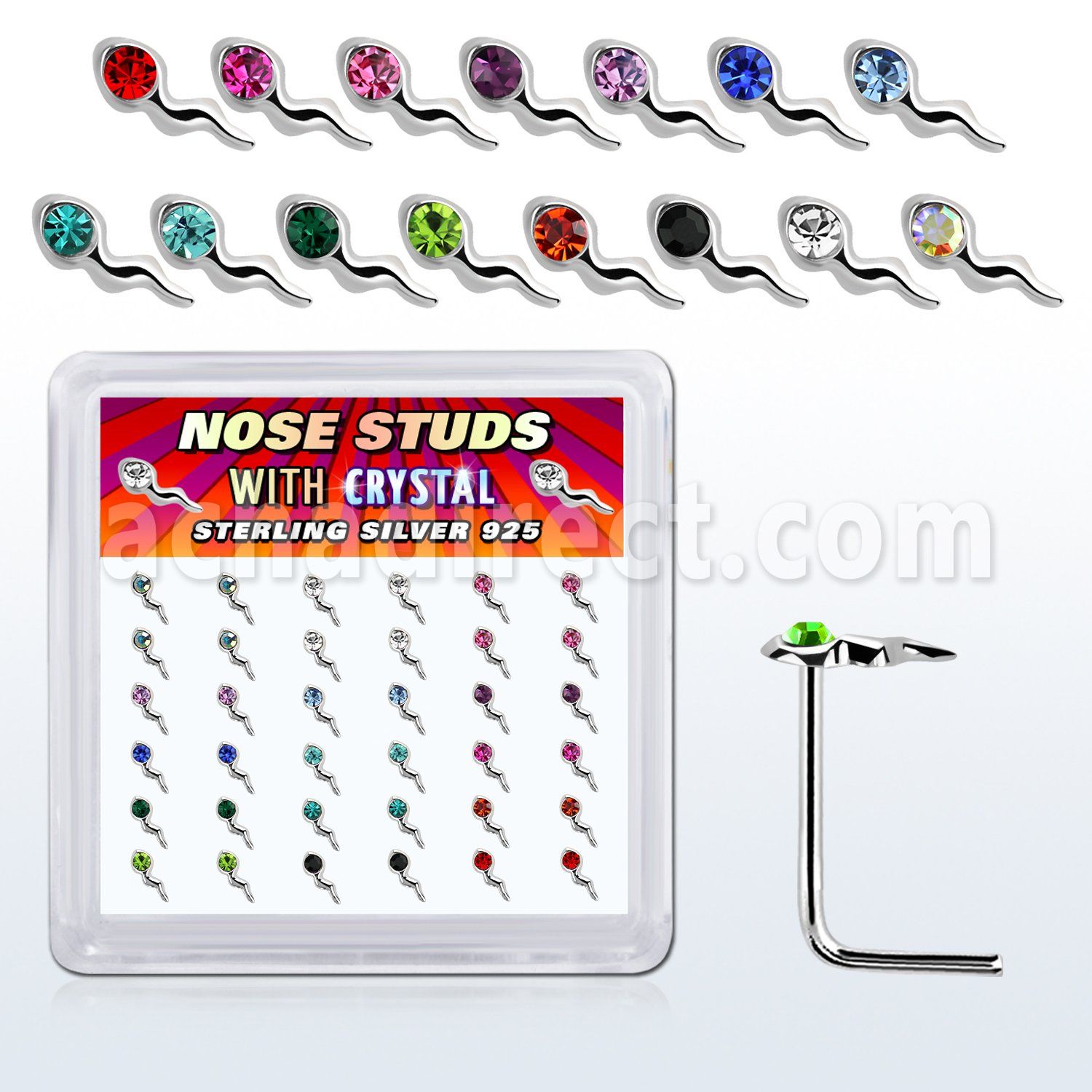 sxsmm36 caja unidades piercing nariz plata esterlina parte superior espermatozoide cristal colores variados
