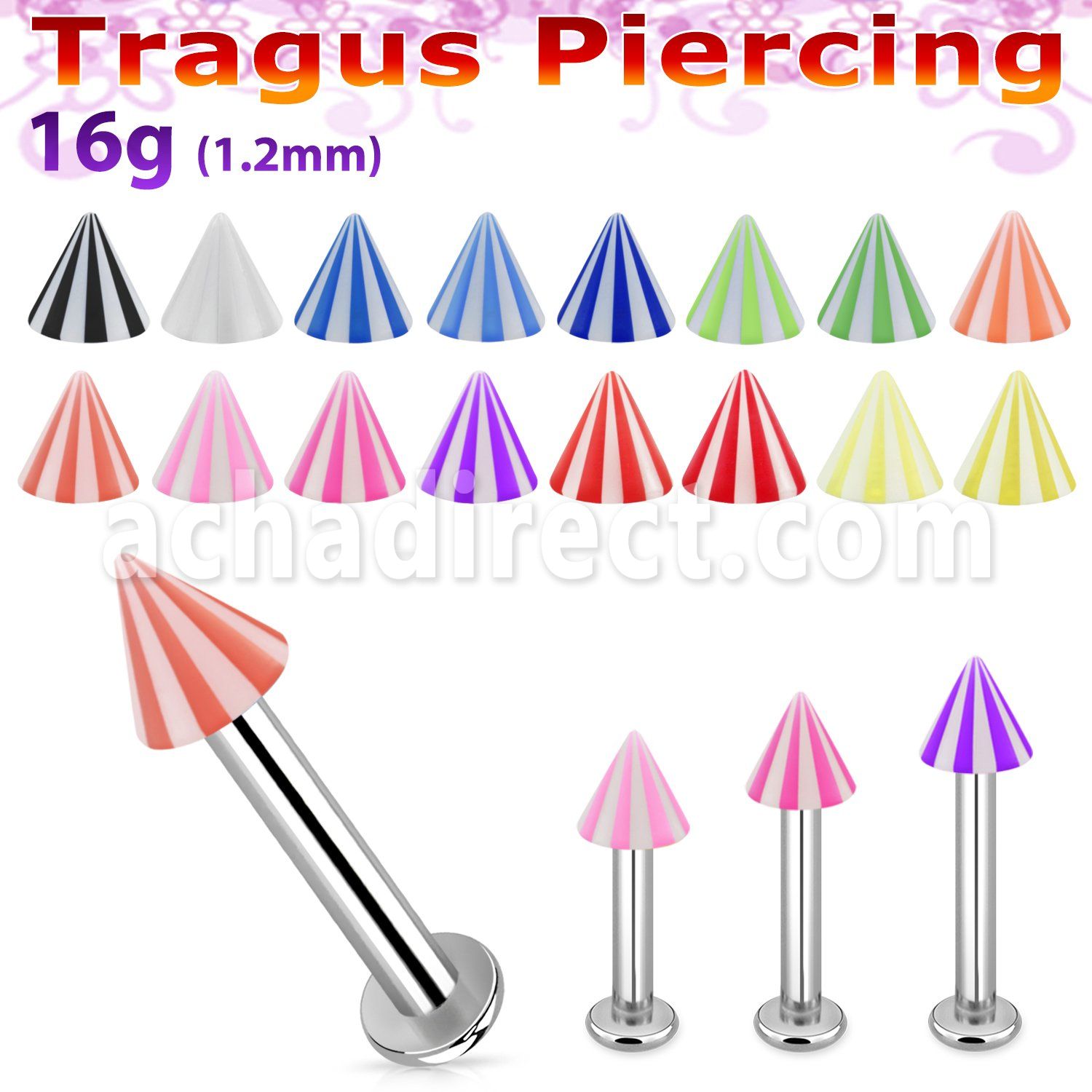 tlbbecn3 labret tragus acero 316l base redonda 2 5mm tragus piercing cono playa acrilico uv 3mm distribuidor mayorista