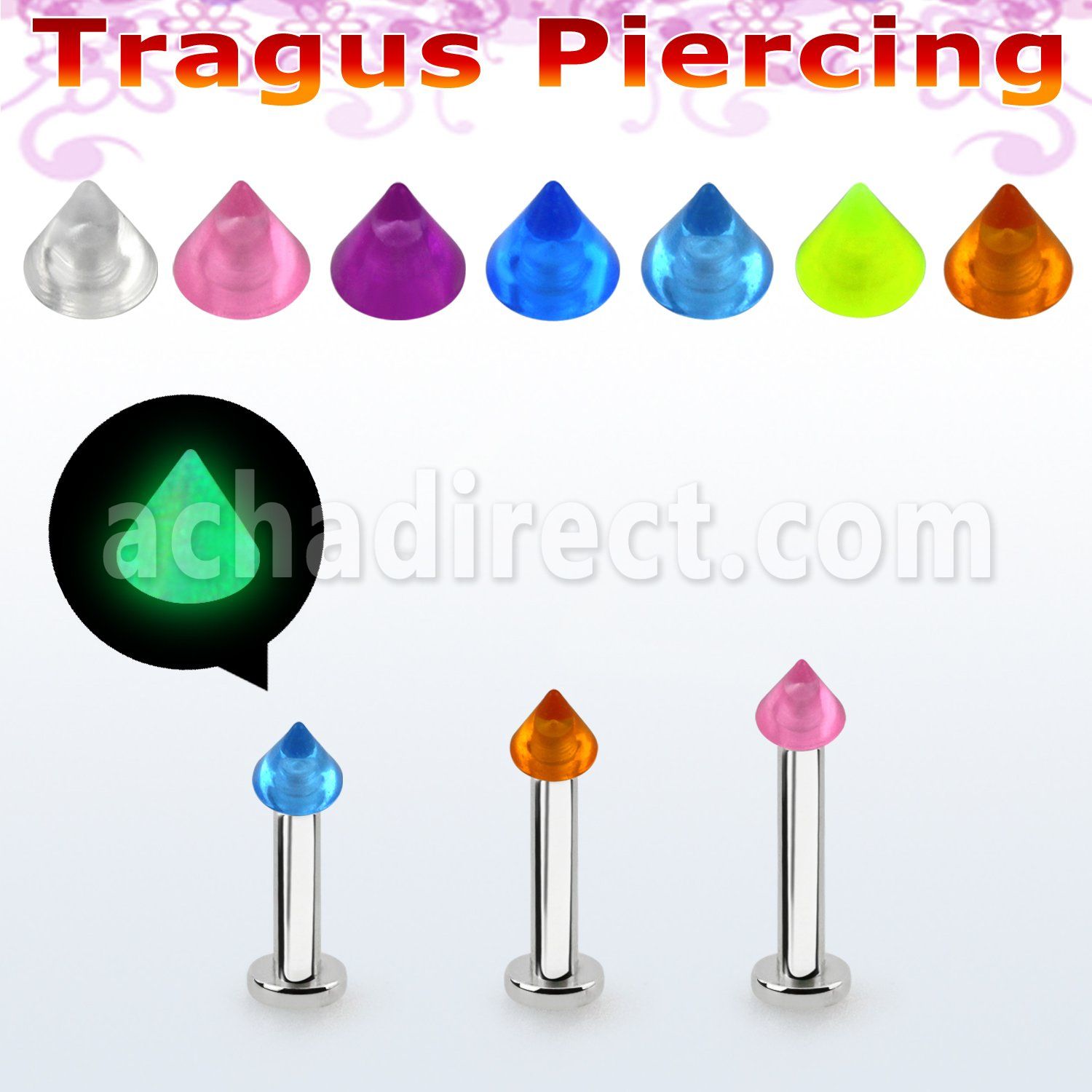 tlbglcn3 labret tragus acero 316l base redonda 2 5mm tragus piercing cono acrilico 3mm brilla oscuridad al por mayor