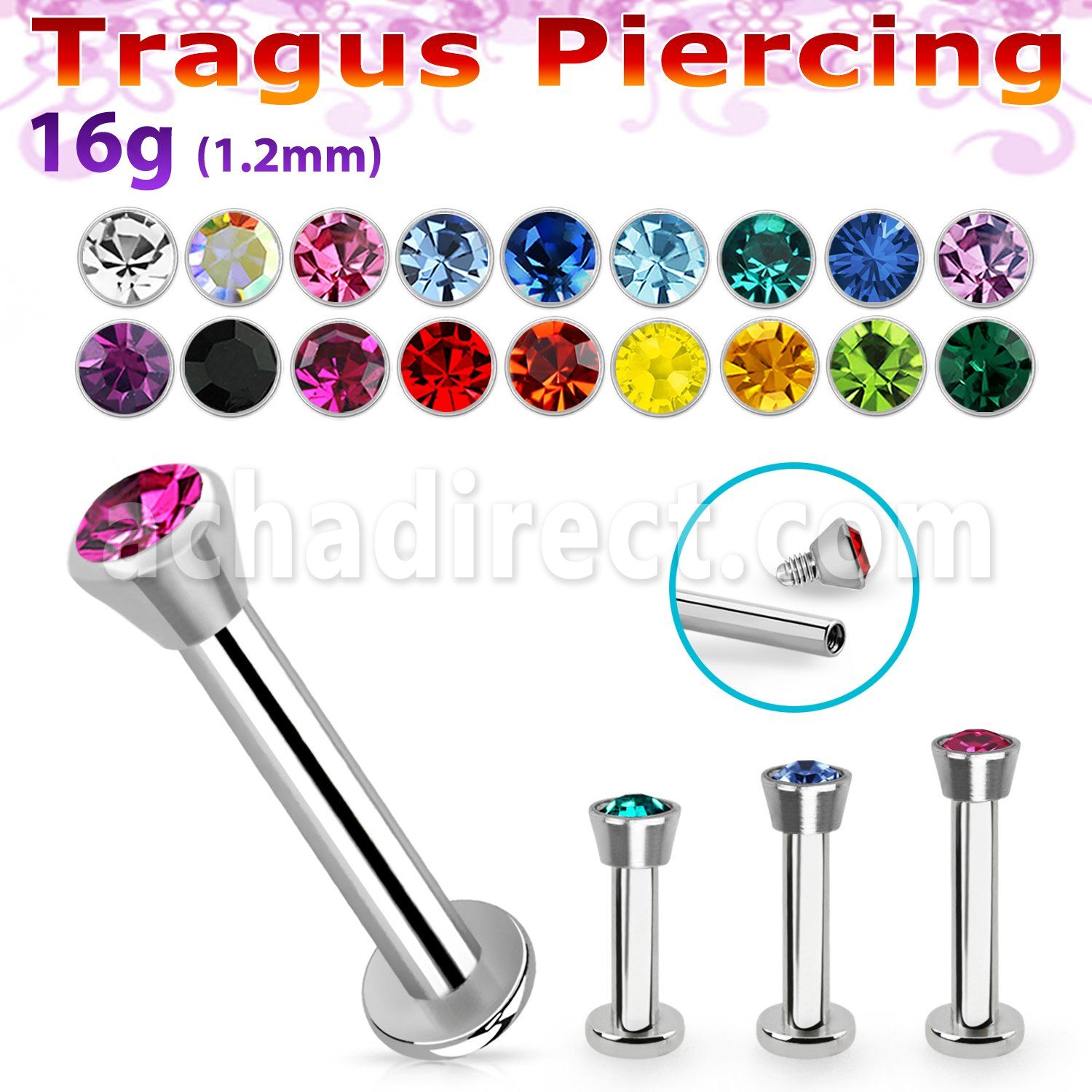 tlbic labret tragus acero 316l base redonda 2 5mm tragus piercing 2 5mm cristal distribuidor mayorista