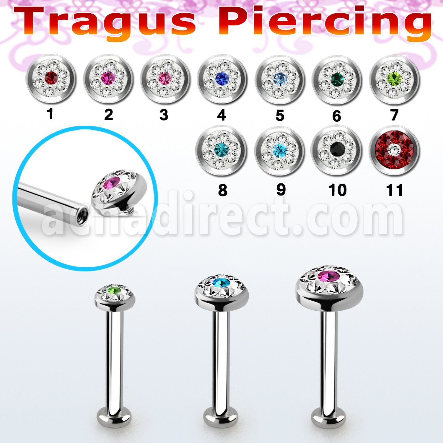 tlbifrb piercing labret tragus acero 316l rosca interna base redonda 2 5mm 3 5mm multi cristal ferido mayorista