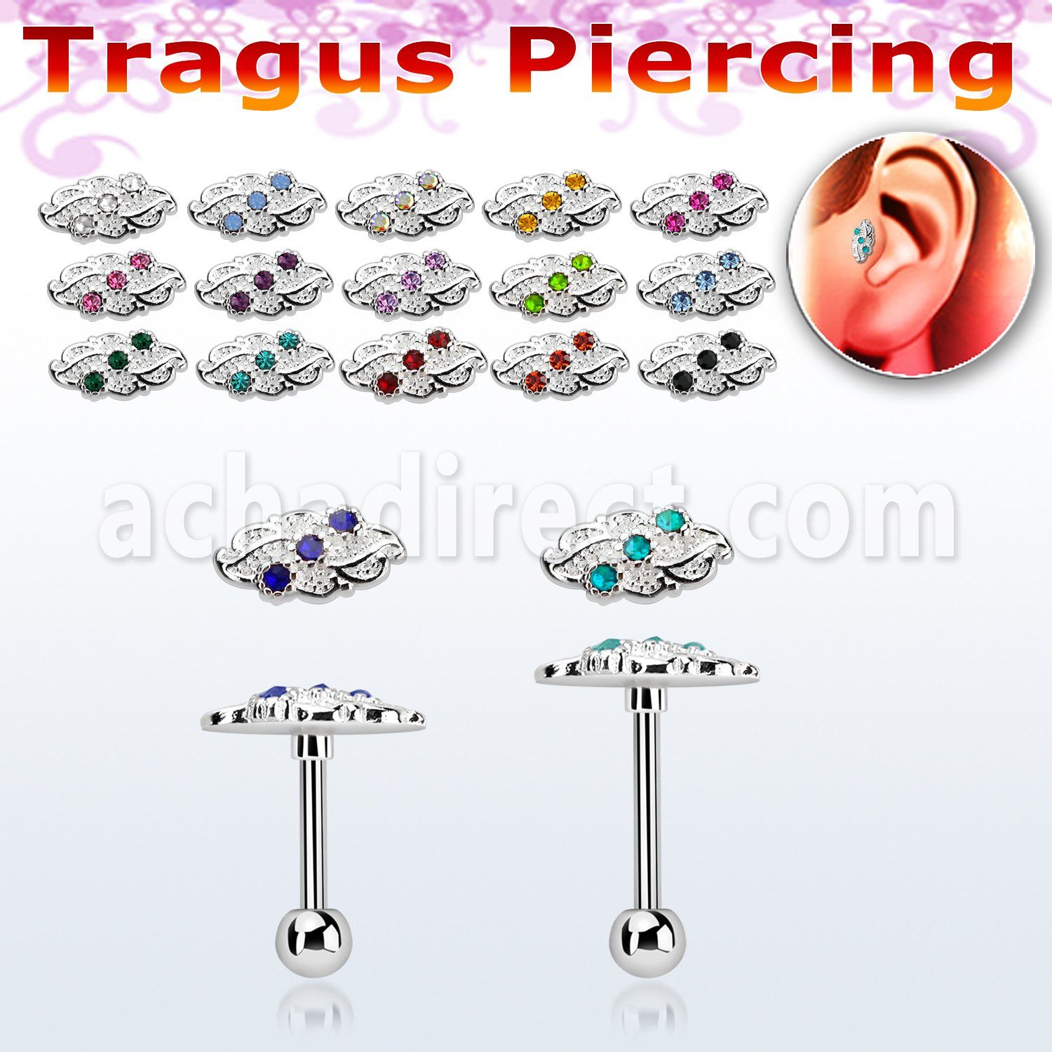 trg40 piercing barbell tragus acero 316l hoja tres cristal la esta plata distribuidor