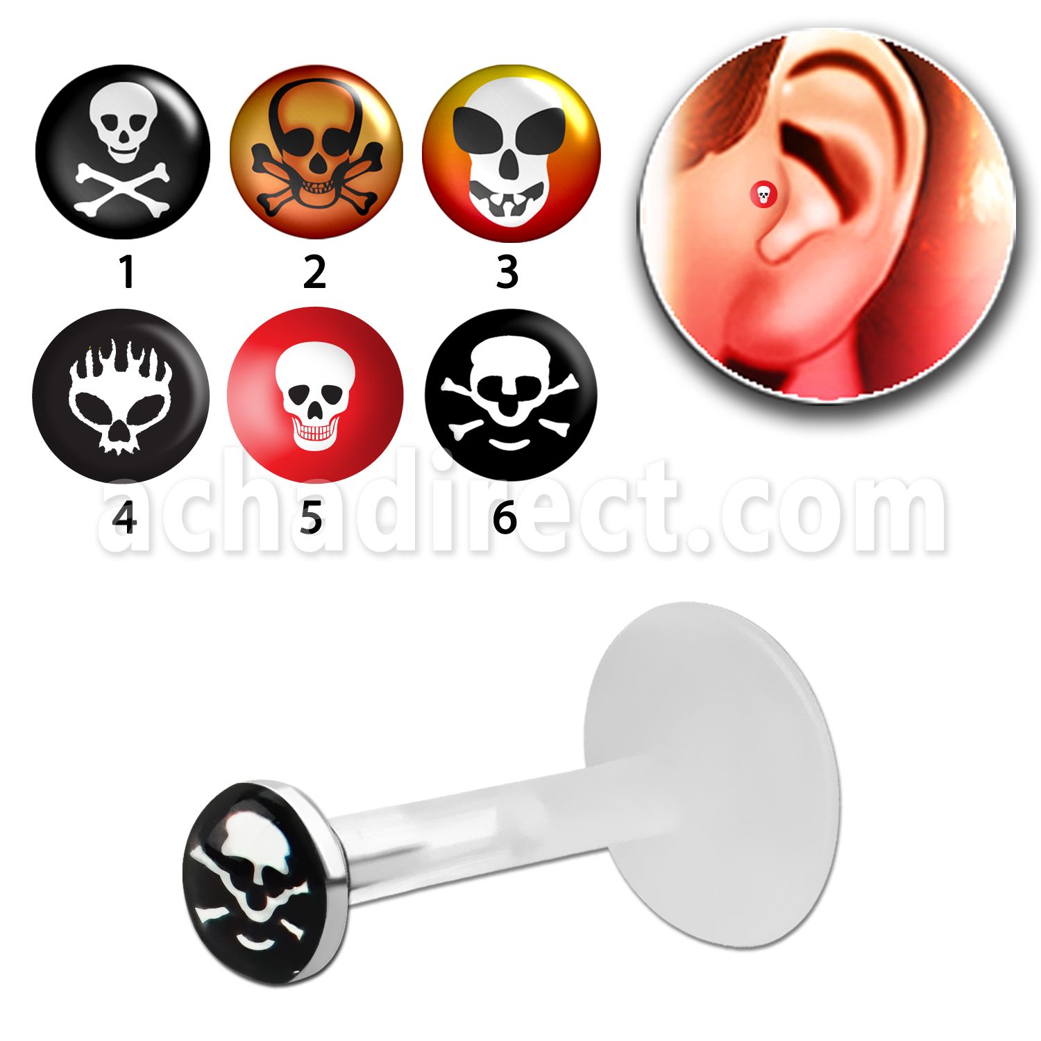 trgl7 piercing tragus bio flex presion plata esterlina 3mm logo calavera distribuidor mayorista