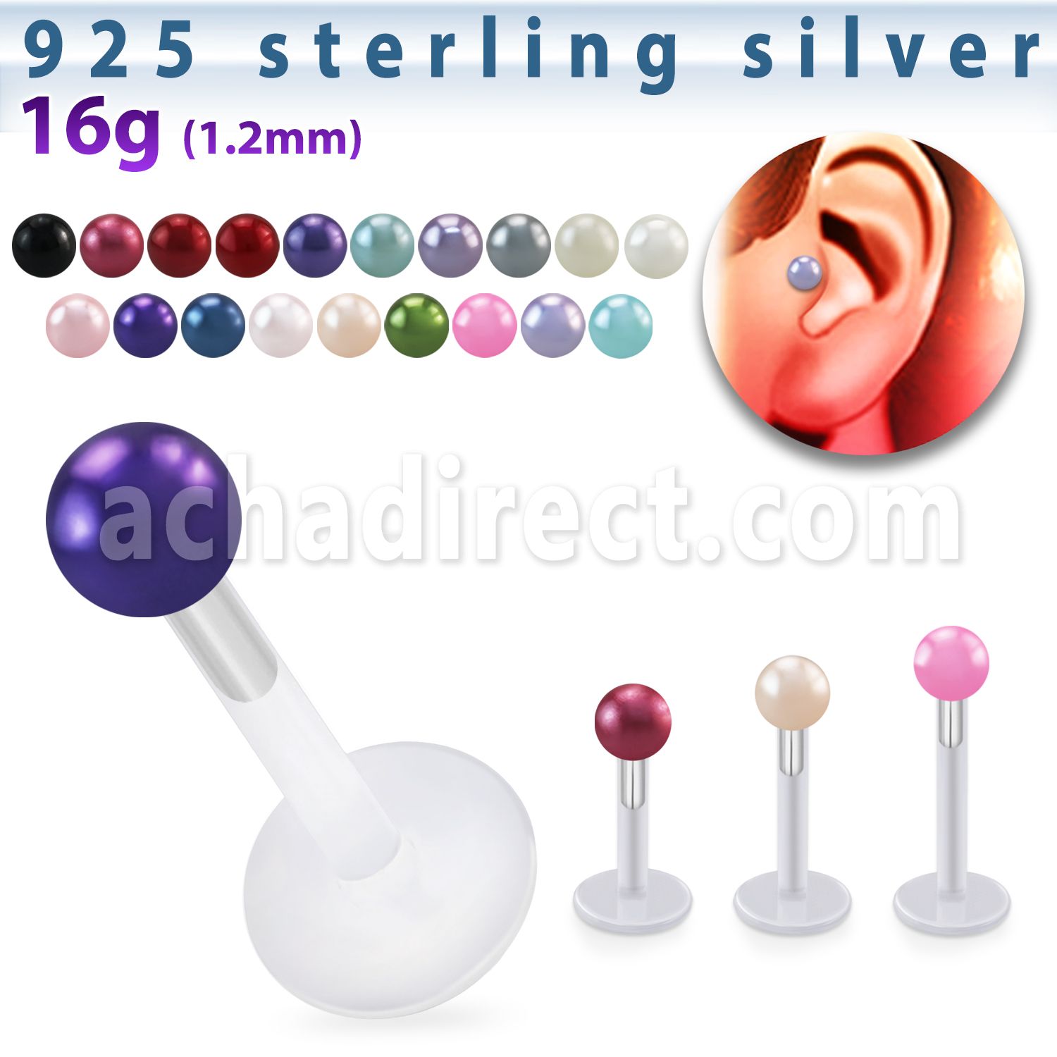 trgs13 piercing tragus bio flex plata esterlina 3mm bola perla falsa mayorista