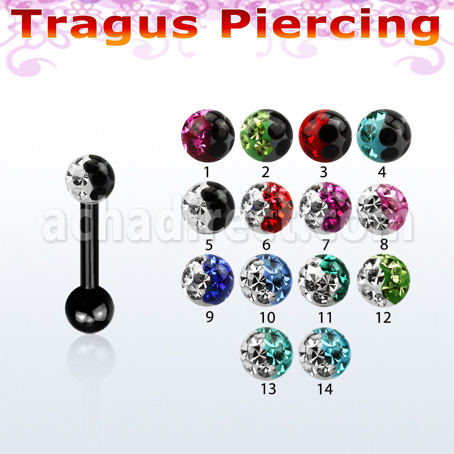 trgt7e piercing tragus acero quirurgico anodizado bola 3mm multi cristal colores bola acero liso 3mm 6mm mayorista