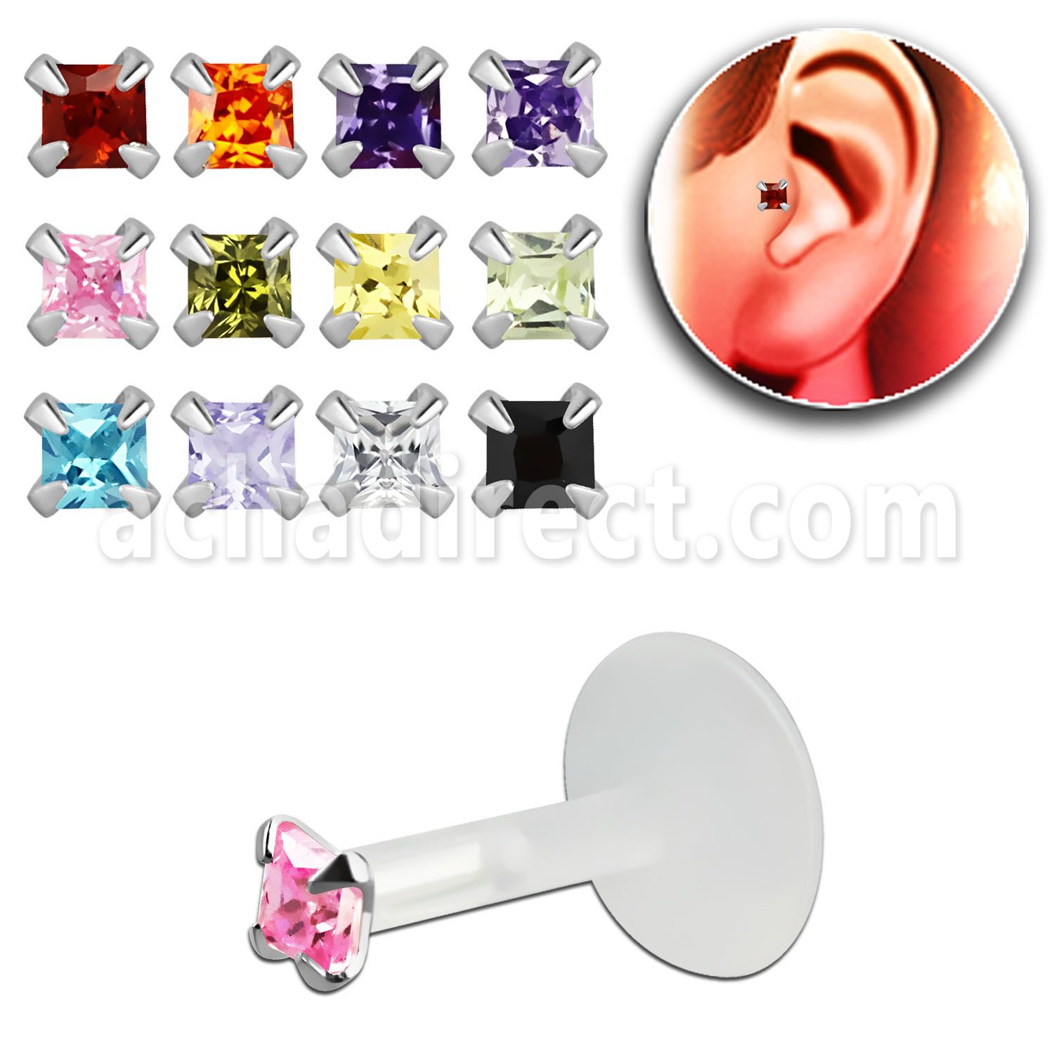 trgz4 piercing tragus bio flexible zirconita cuadrada 2mm parte plata esterlina mayorista