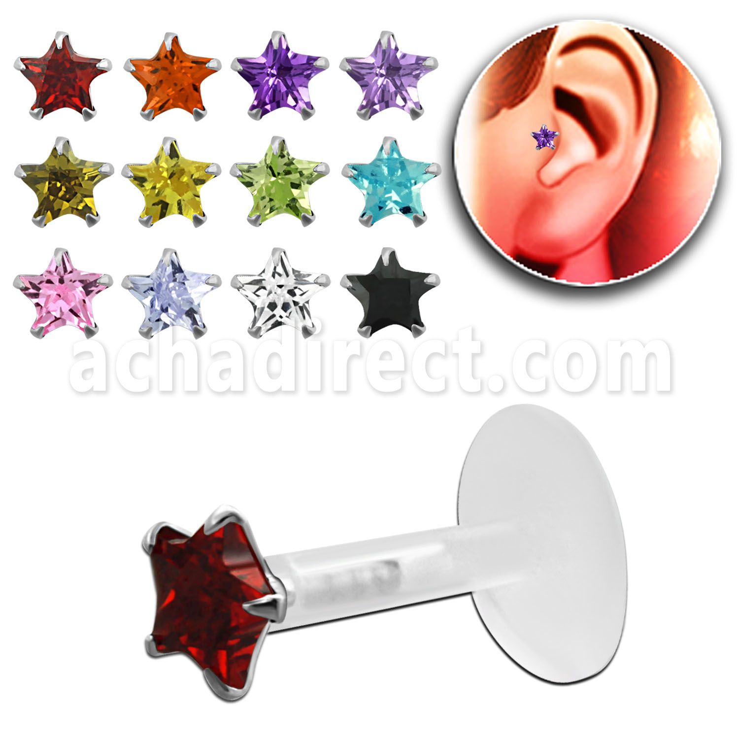 trgz7 piercing tragus bio flex zirconita estrella 3mm parte plata esterlina distribuidor mayorista