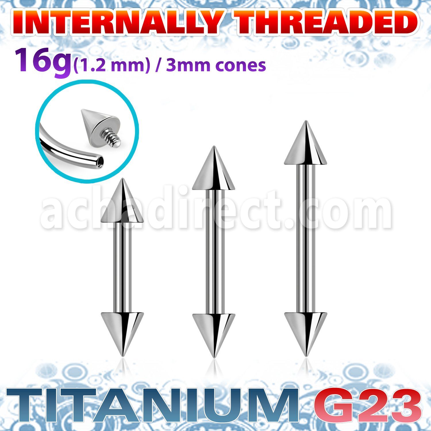 ubbecn3i titanium g23 internal barbell 3mm cones