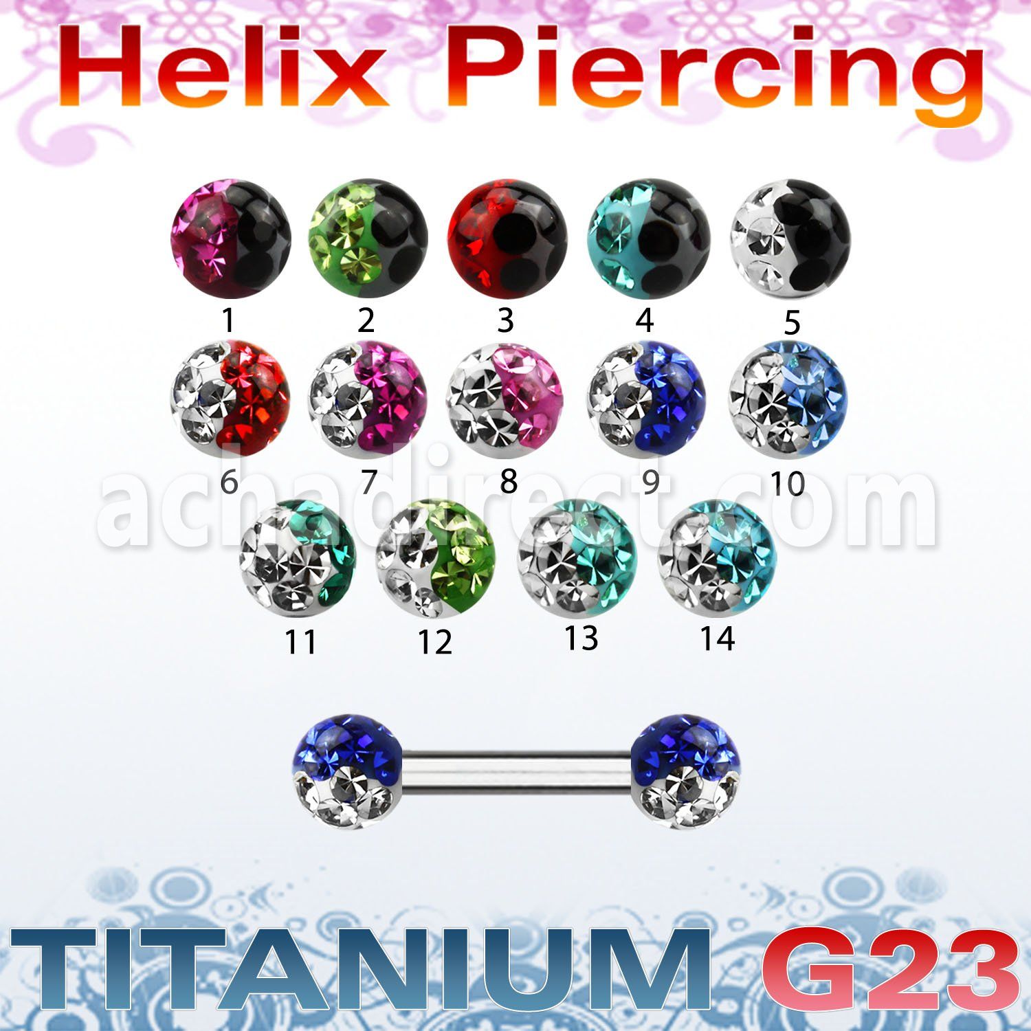 ubber23e barbell ceja helix titanio g23 bolas 3mm multi cristal colores distribuidor mayorista