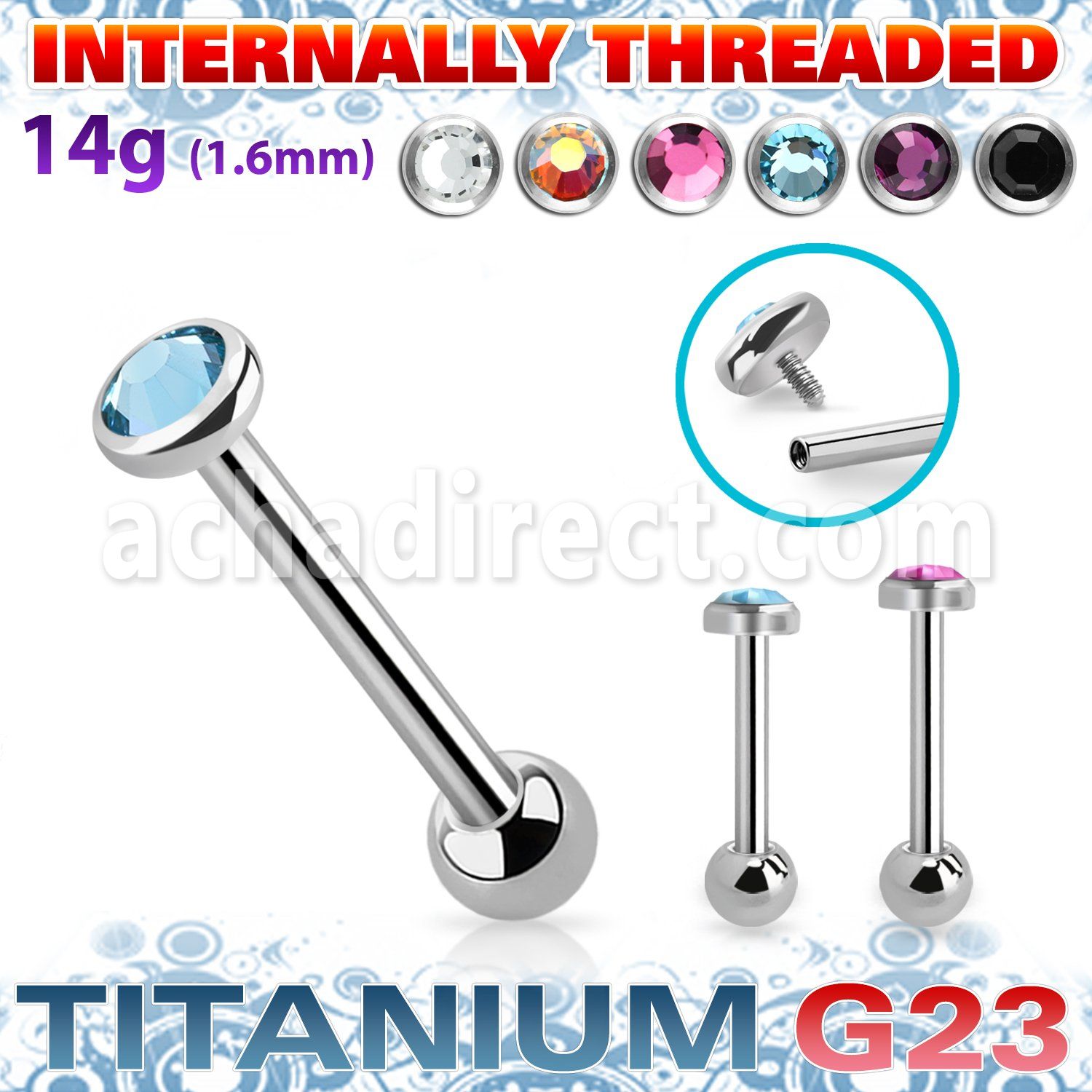 ubbimfb5 titanium barbell 14g flat crystal top ball internal