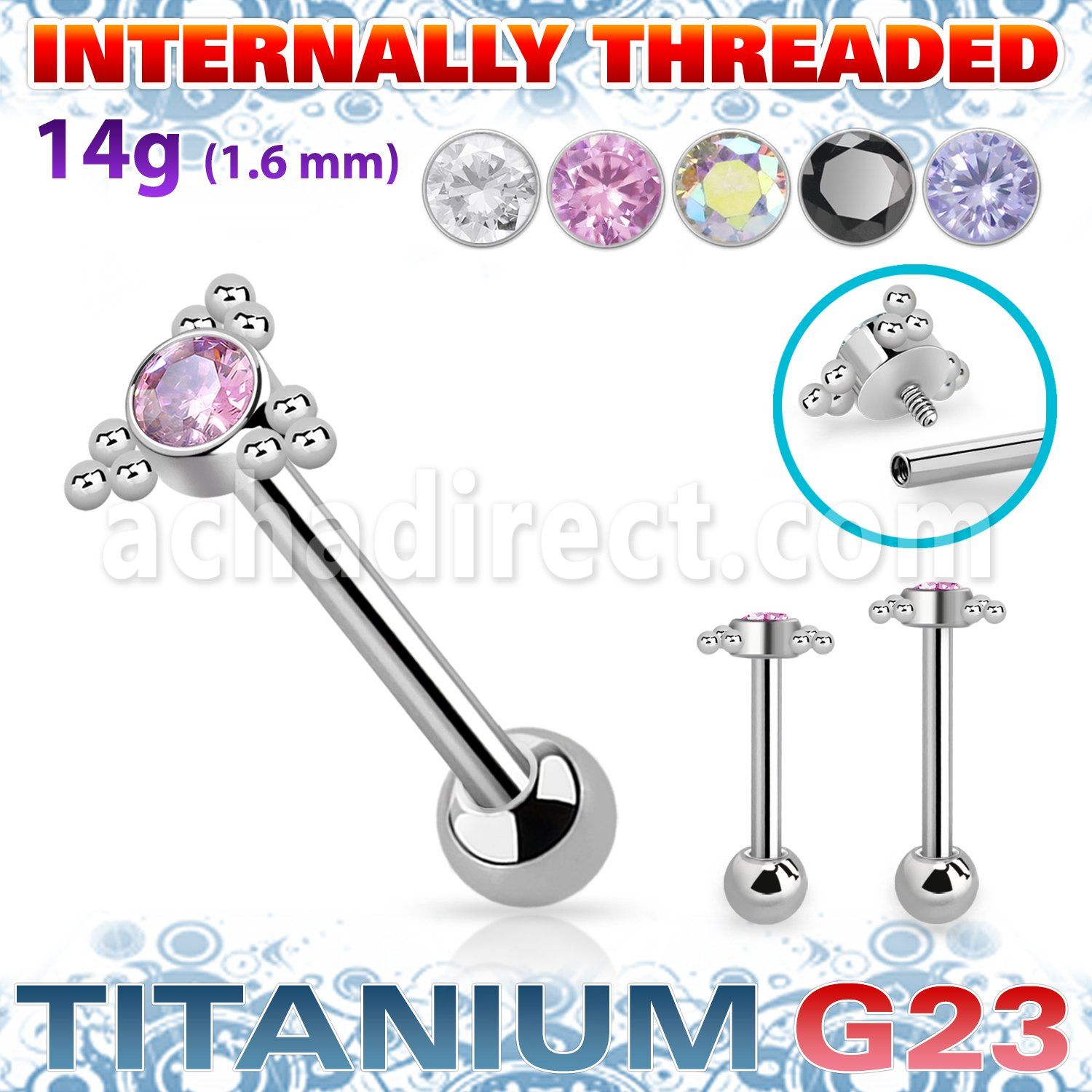 ubbimshz2 titanium barbell 14g cz triangle top internal