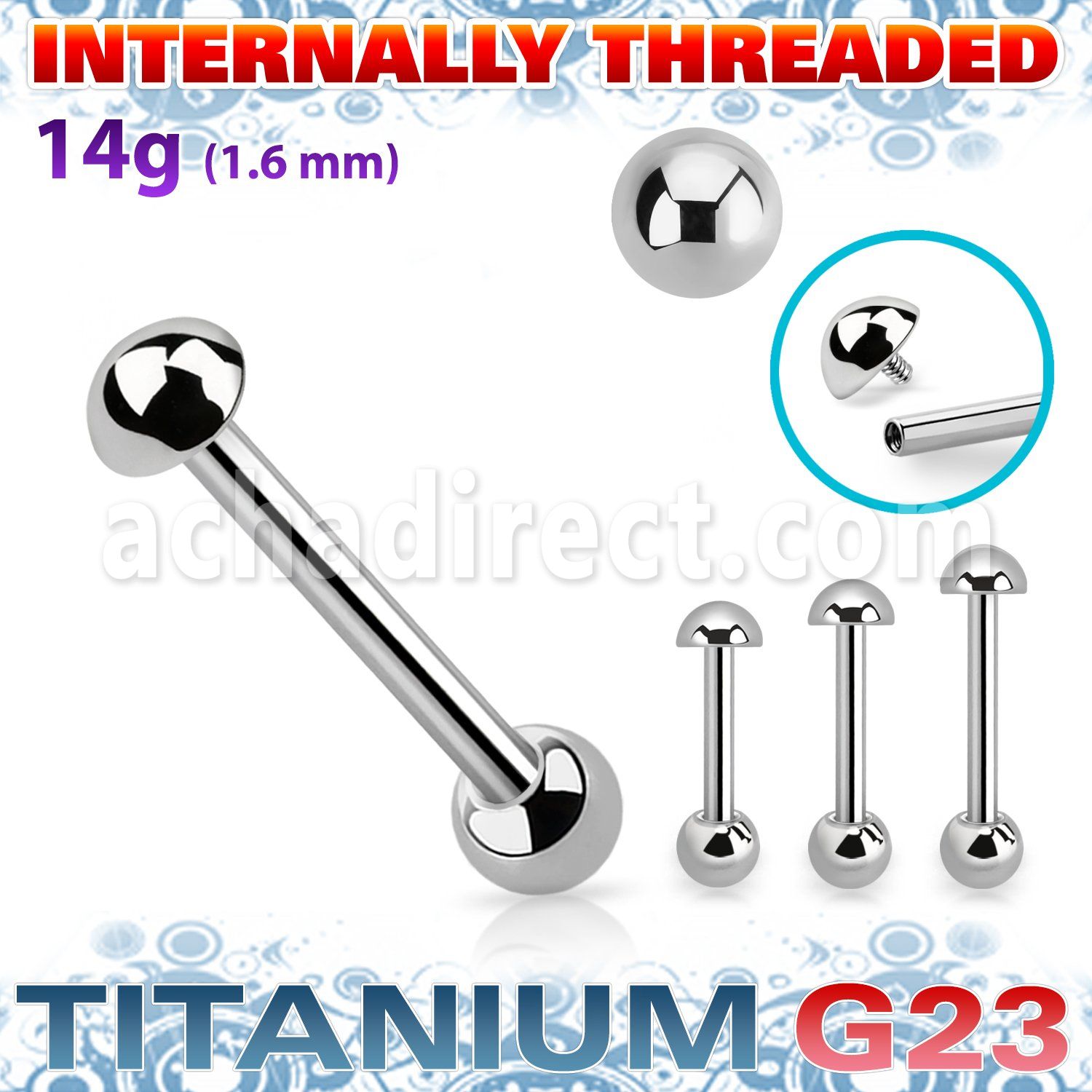 ubbinhb5 titanium g23 barbell 14g half ball top internal