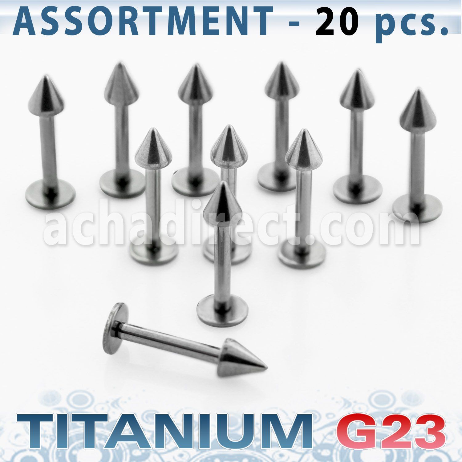 ublk04 surtido piercings 20 labret titanio g23 conos 3mm al por mayor