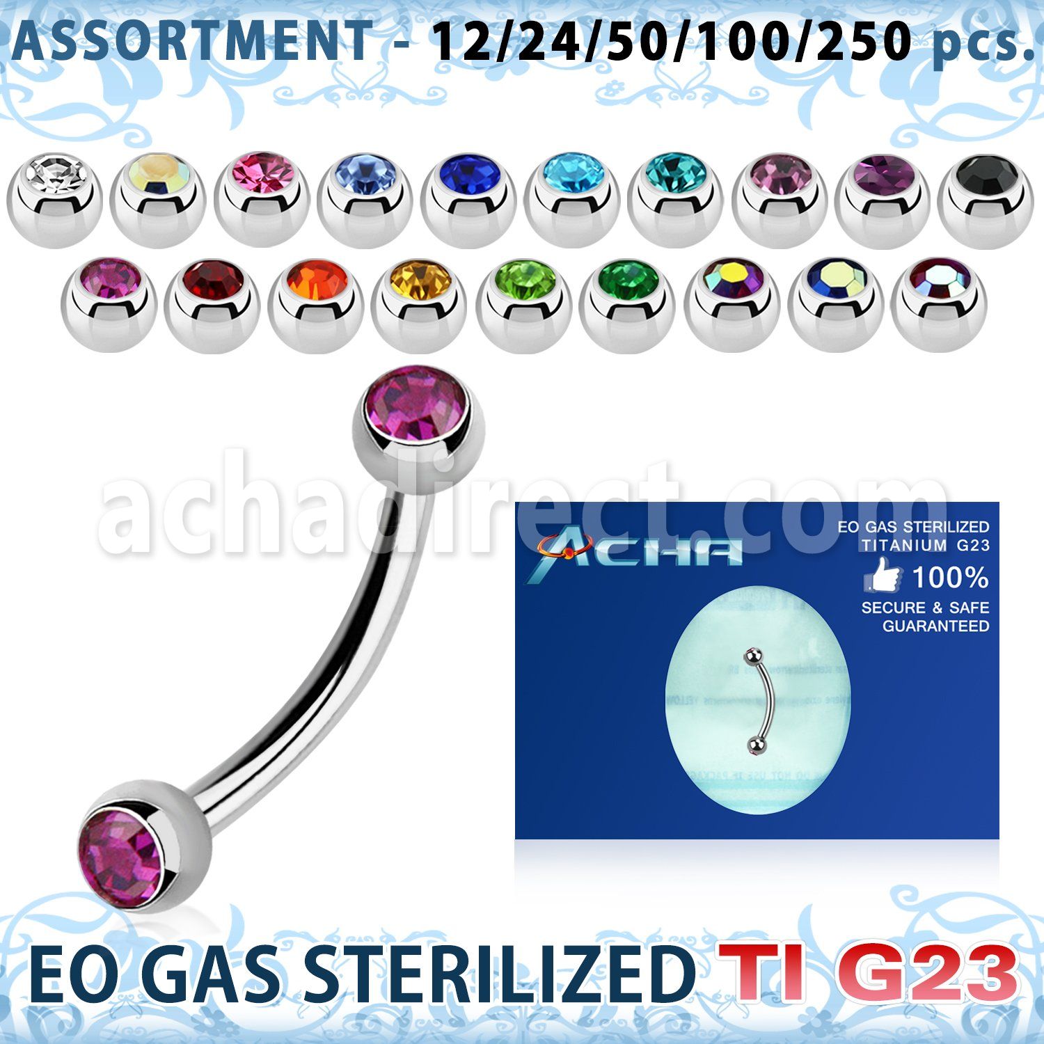 ublk486 eo gas sterilized piercing: titanium g23 eyebrow banana 3mm