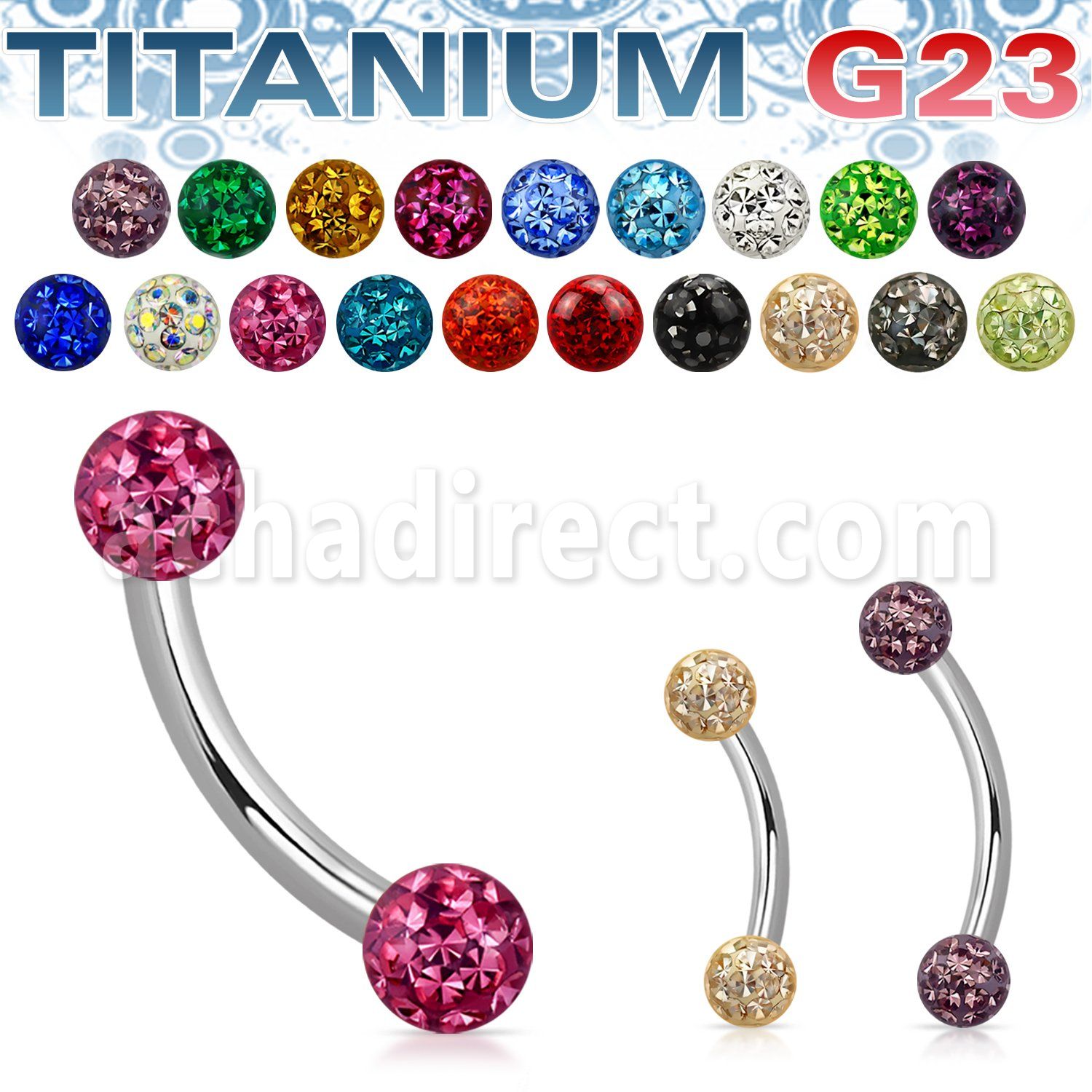 ubnfr3 titanium g23 eyebrow banana 3mm multi crystal balls