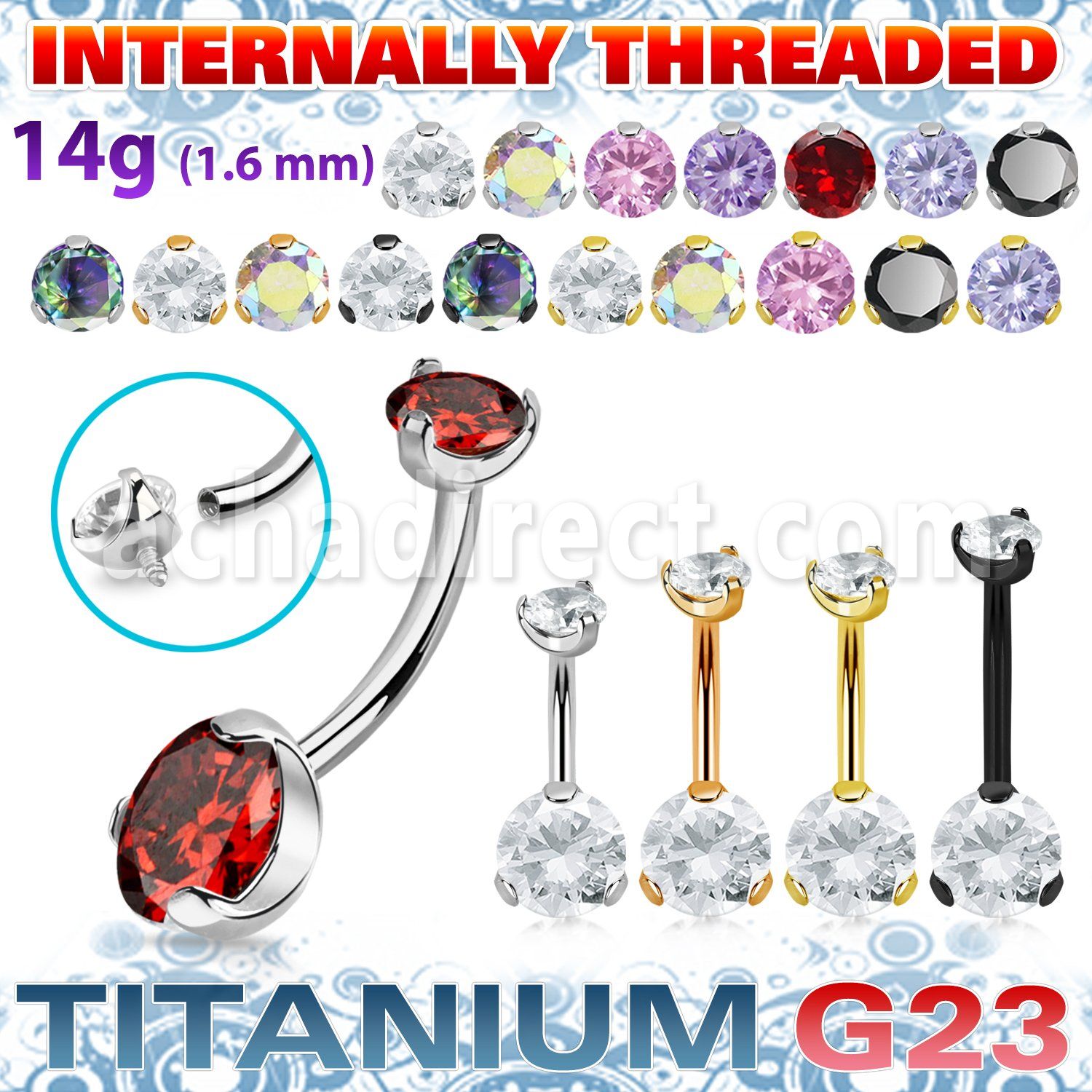 ubnzsh4 titanium g23 belly banana 14g clear cz internal