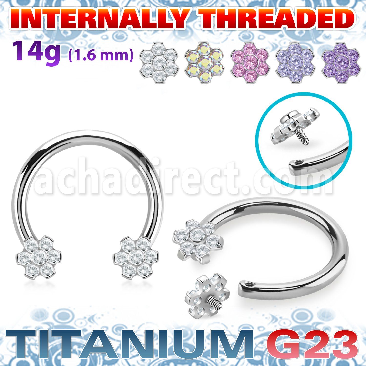 ucbih58 titanium circular barbell 14g flower top cz internal