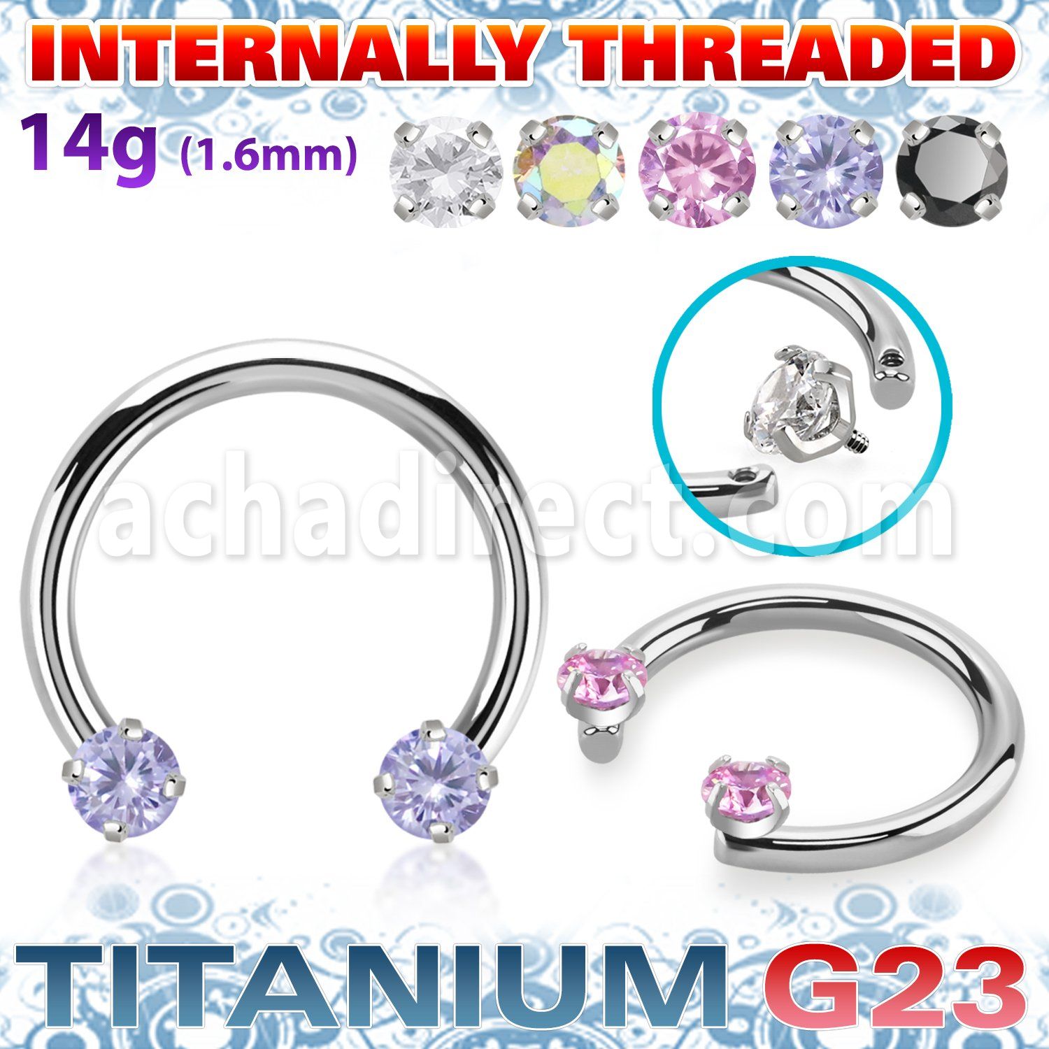 ucbzrih titanium g23 circular barbell facing cz internal
